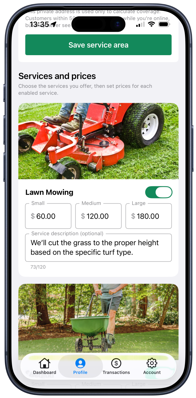 Mobile app screen displaying lawn care services with a picture of a riding lawn mower, options for lawn mowing sizes and prices, and a person pushing a green lawn spreader.
