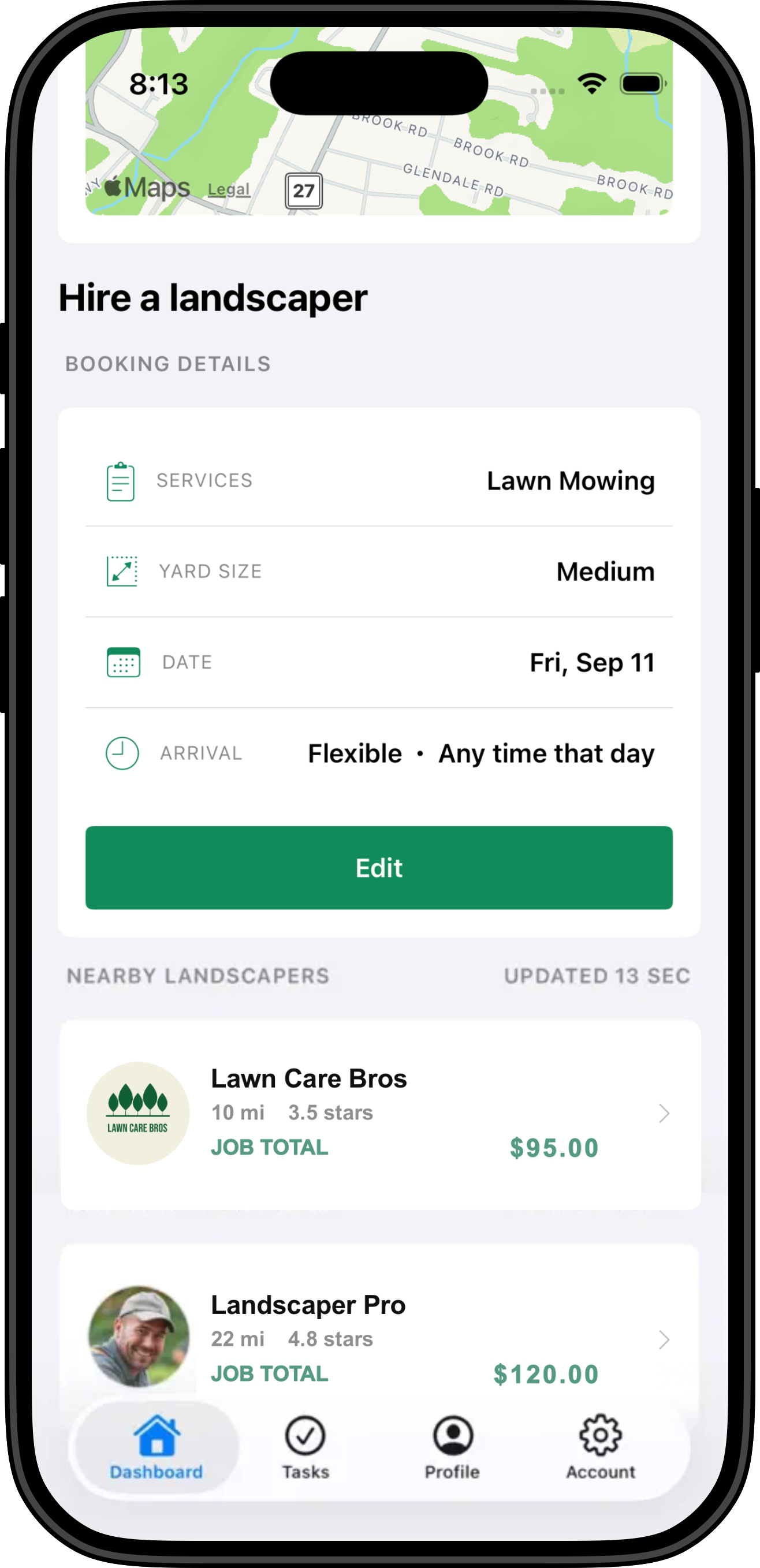 The TurfUp app shows how to hire a landscaper. The top shows a map. The main section has details for booking a landscaping service, including lawn mowing, medium yard size.