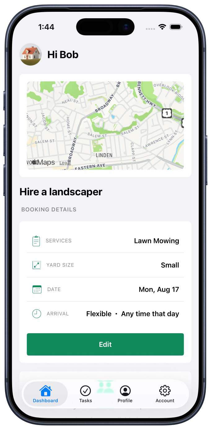 A mobile app screen displaying a map showing a neighborhood layout, with details for hiring a landscaper, including service type, yard size, date, and flexible arrival time, with navigation icons at the bottom for Dashboard, Tasks, Profile, and Account.