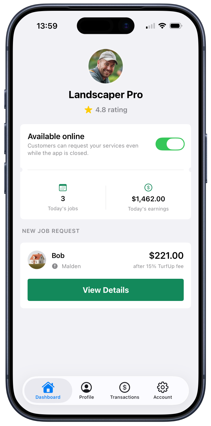 Mobile app dashboard for landscaper services showing profile picture, rating, online status toggle, today's jobs and earnings, new job request from Bob, and navigation icons at the bottom.