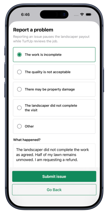Mobile phone screen showing the 'Report a problem' page with options to select issue type, a description box, and 'Submit issue' and 'Go Back' buttons.