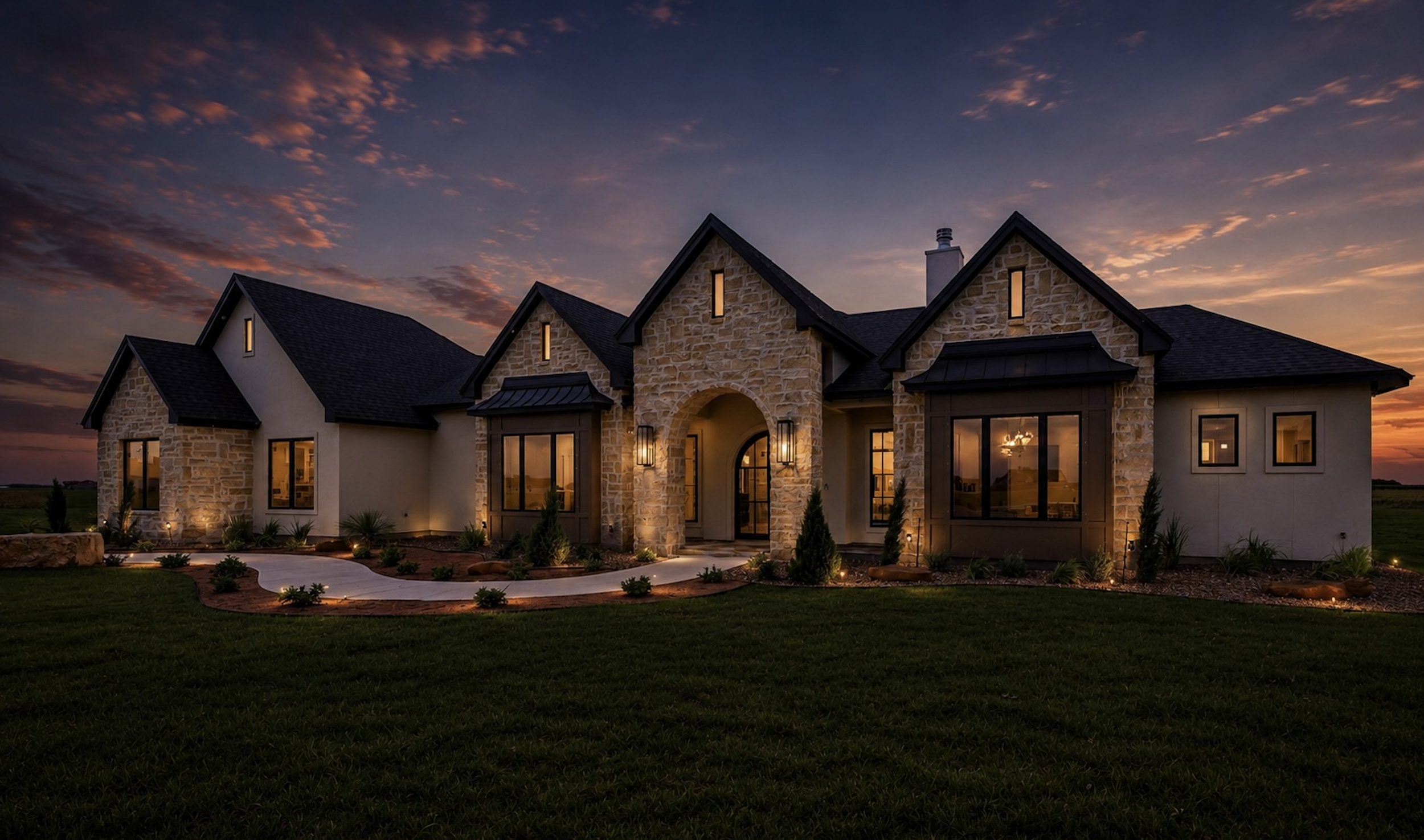 A modern house with stone and stucco exterior, large windows, and a dark roof, illuminated at dusk with landscaping and pathway lighting.