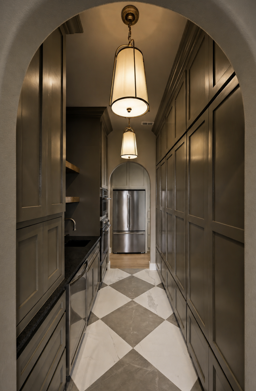 A narrow kitchen with dark wood cabinets on both sides, gold hardware, black countertop, stainless steel appliances, an arched doorway, and hanging pendant lights with cream shades above a checkered floor with marble tiles.