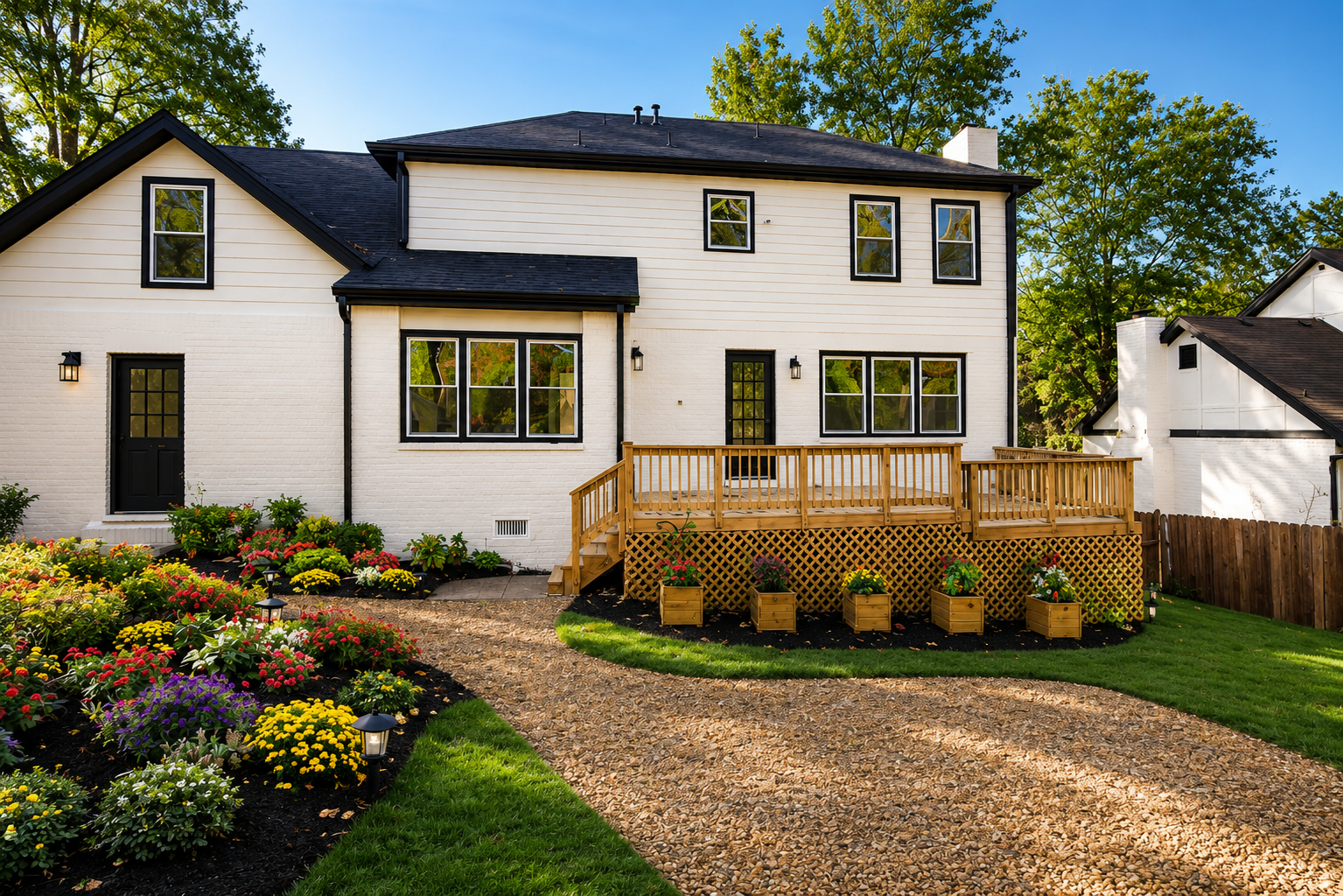 White two-story house with black window frames and a black front door, surrounded by colorful flower beds, a gravel pathway, and a wooden deck with planters, set against a backdrop of green trees and a blue sky. Completed by Sawdust.