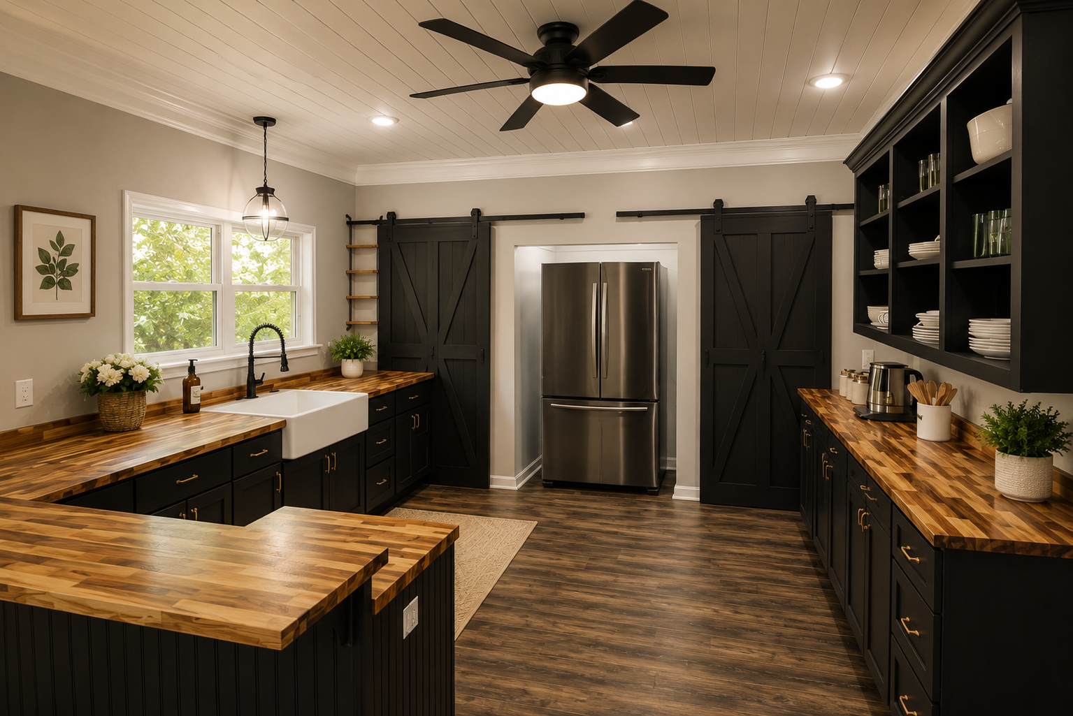 Modern kitchen with black cabinets, wood countertops, a stainless steel refrigerator, black sliding barn doors, a farmhouse sink, and natural light from a window. Completed by Sawdust.