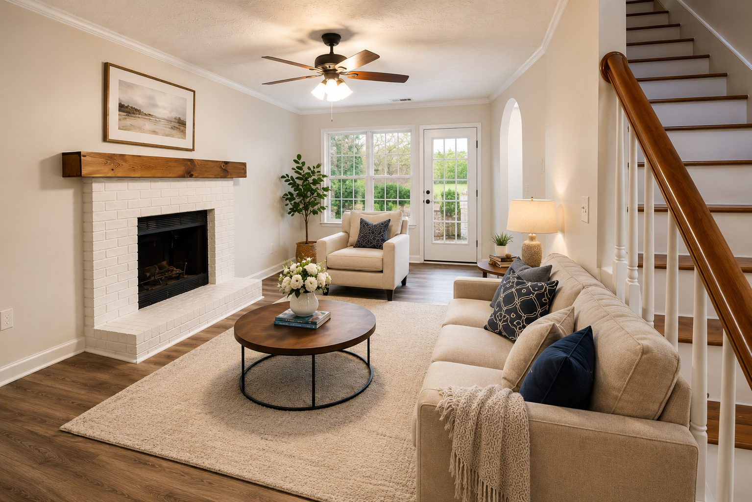 Living room with beige sofa and armchair, white brick fireplace with wooden mantle, coffee table with flowers, window and door leading outside, staircase with wooden handrail, and ceiling fan. Completed by Sawdust.