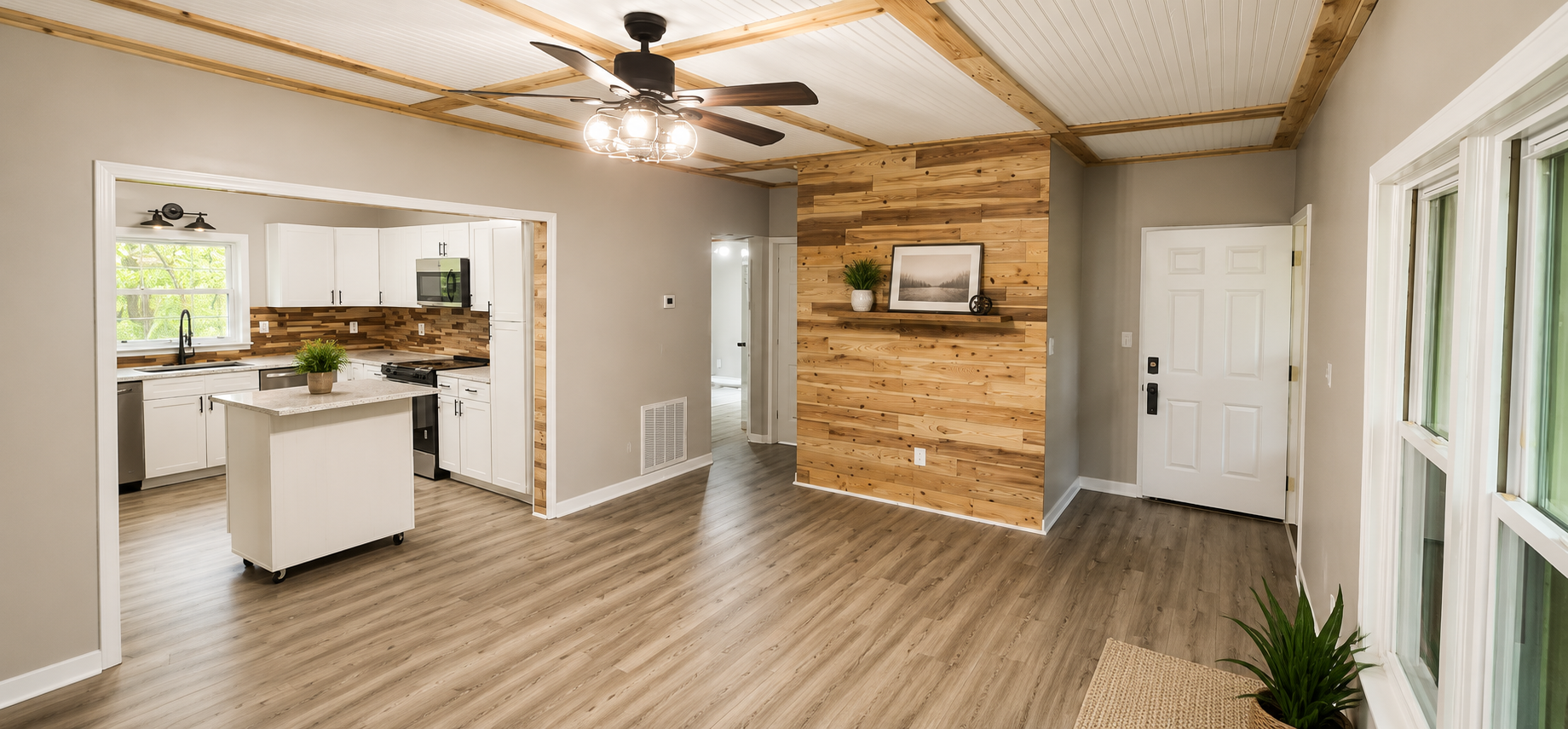 Open living room with wood flooring, beige walls, and a ceiling fan with lights. Visible kitchen with white cabinets, granite countertops, and a wooden backsplash, and a window above the sink. A decorative plant is on a small island, and a wooden accent wall with a framed picture and a shelf with a potted plant and clock. Front door with a lock and handle, and several large windows with white frames letting in natural light.