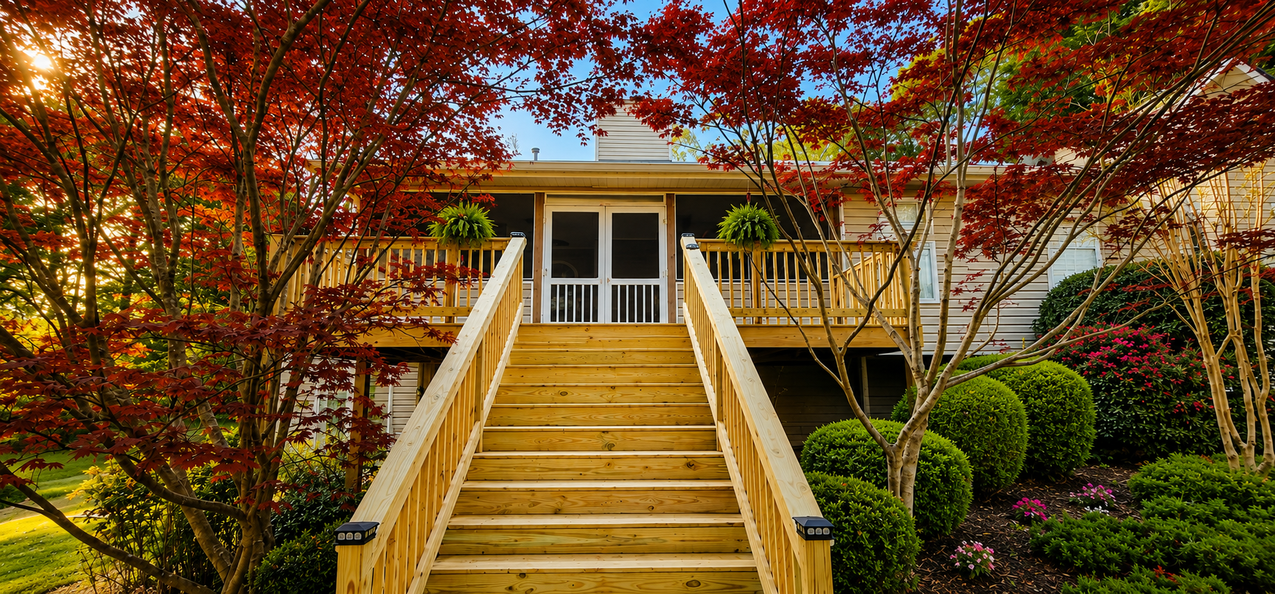 A house with interior stairs leading up to a porch surrounded by green shrubs and trees with red leaves during sunset. Completed by Sawdust.