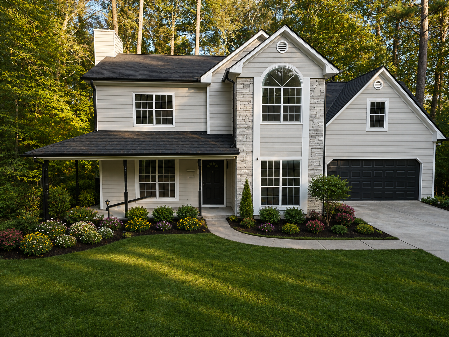 A two-story house with a white exterior, black roof, and large windows, surrounded by a lush landscape, green lawn, colorful flowers, and trees in the background. Completed by Sawdust.