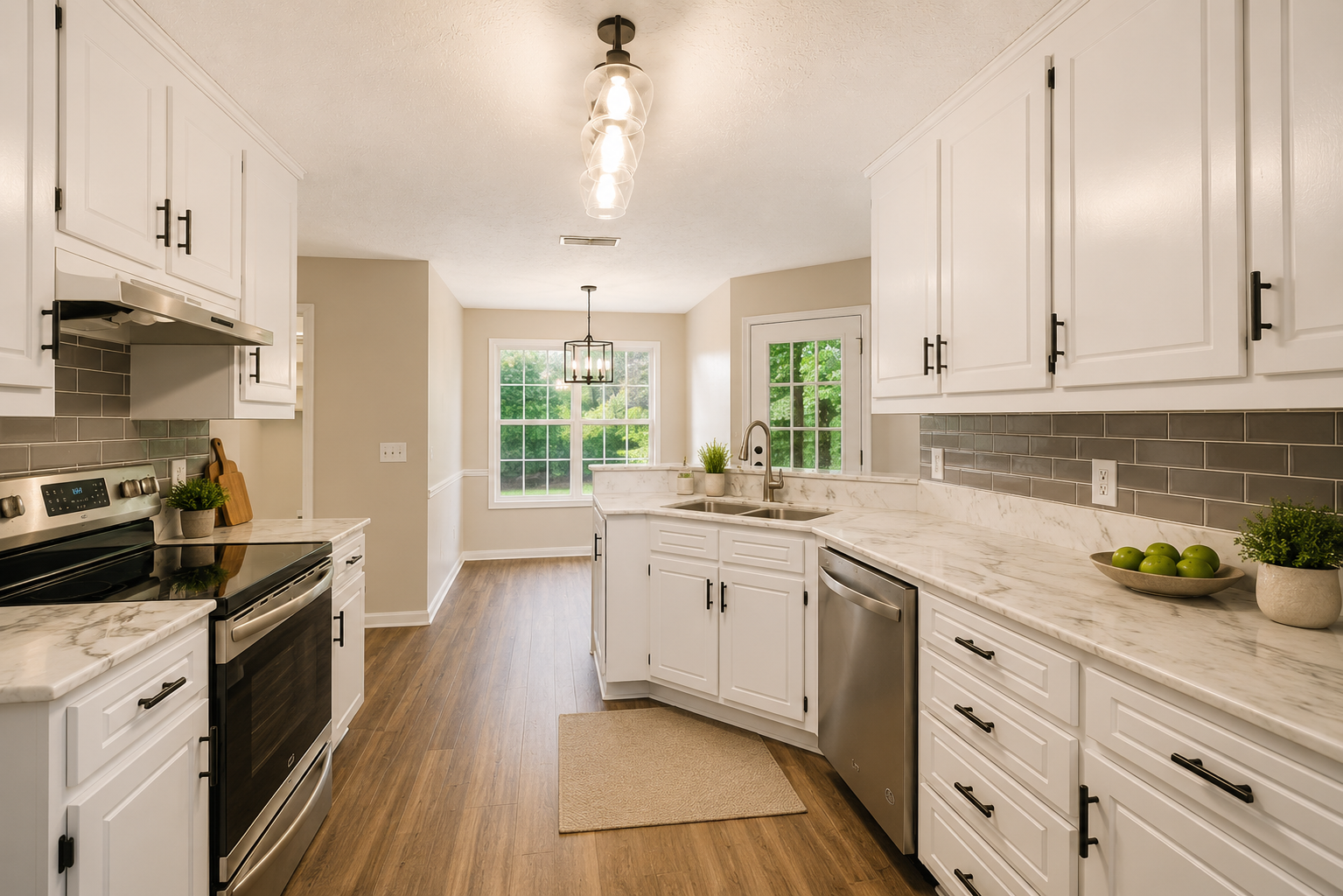 Modern kitchen with white cabinets, marble countertops, gray tile backsplash, stainless steel appliances, and hardwood floors. There are potted plants and green apples on the counter, with a window overlooking greenery. Completed by Sawdust.