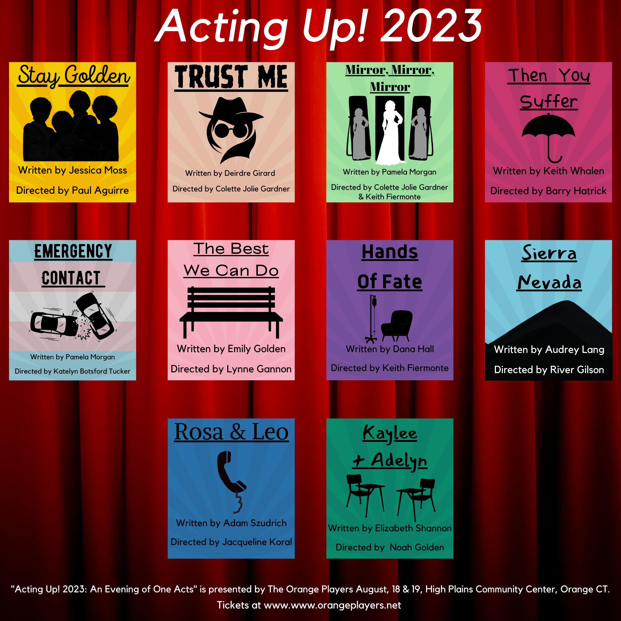 Poster for 'Acting Up! 2023,' featuring four colorful sections with titles and authors: 'Stay Golden' by Jessica Moss, directed by Paul Aguirre; 'Trust Me' by Deirdre Girard, directed by Colette Jolie Gardner; 'Mirror, Mirror, Mirror' by Pamela Morgan, directed by Colette Jolie Gardner & Keith Fiermonte; and 'Then You Suffer' by Keith Whalen, directed by Barry Hatrick. The poster has a red stage curtain background with a black silhouette of a scene at the bottom and details of the event at the bottom.