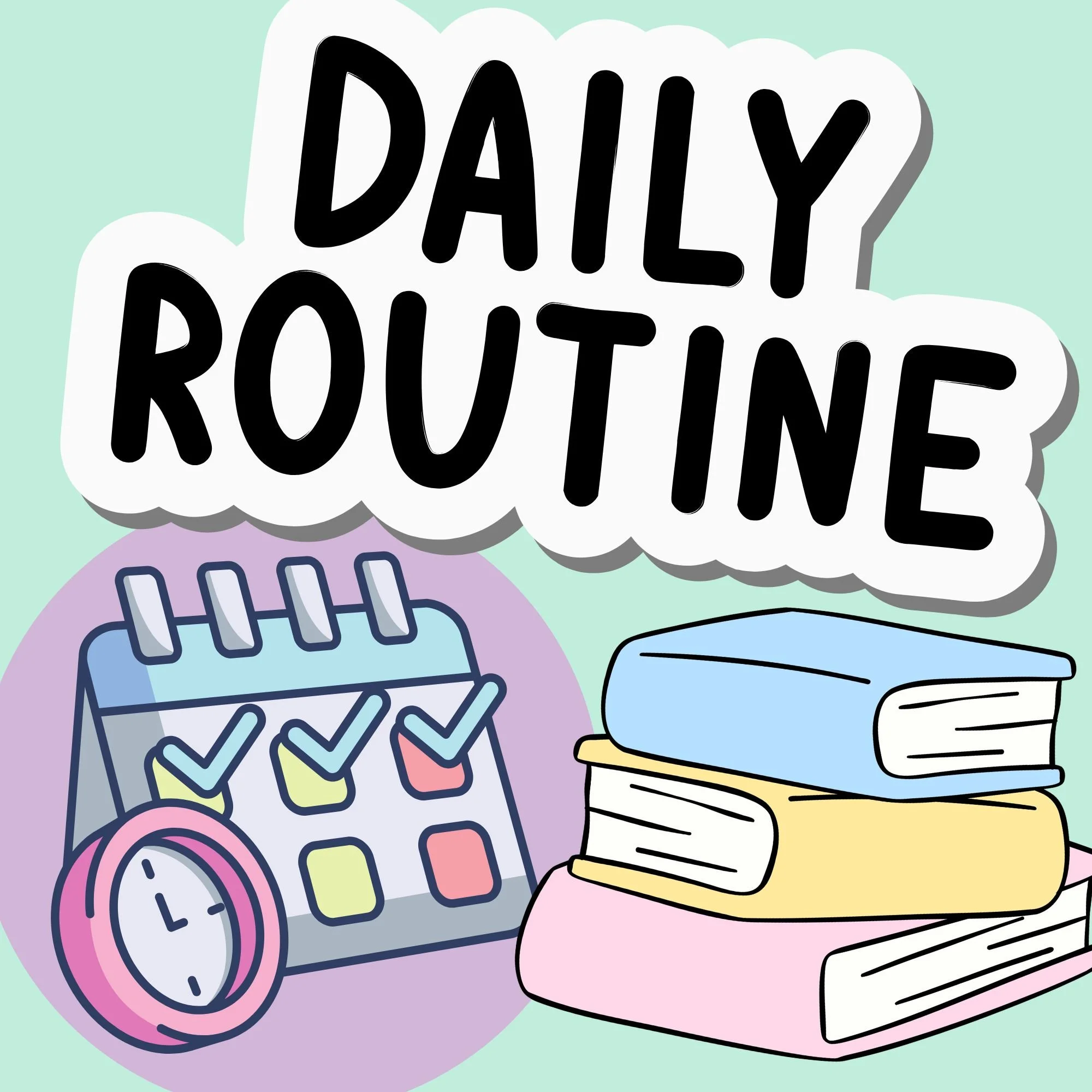 Colorful illustration of various everyday items including a alarm clock, a clock, a box of tissues, a syringe, and a cup of coffee with a stirrer.
