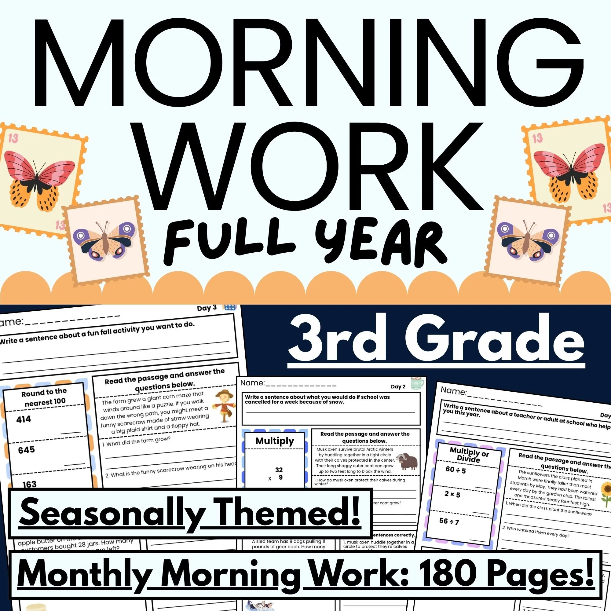 An educational poster about morning work for 3rd grade, with stamps and butterfly illustrations, emphasizing seasonal and monthly activities in a colorful, engaging design.