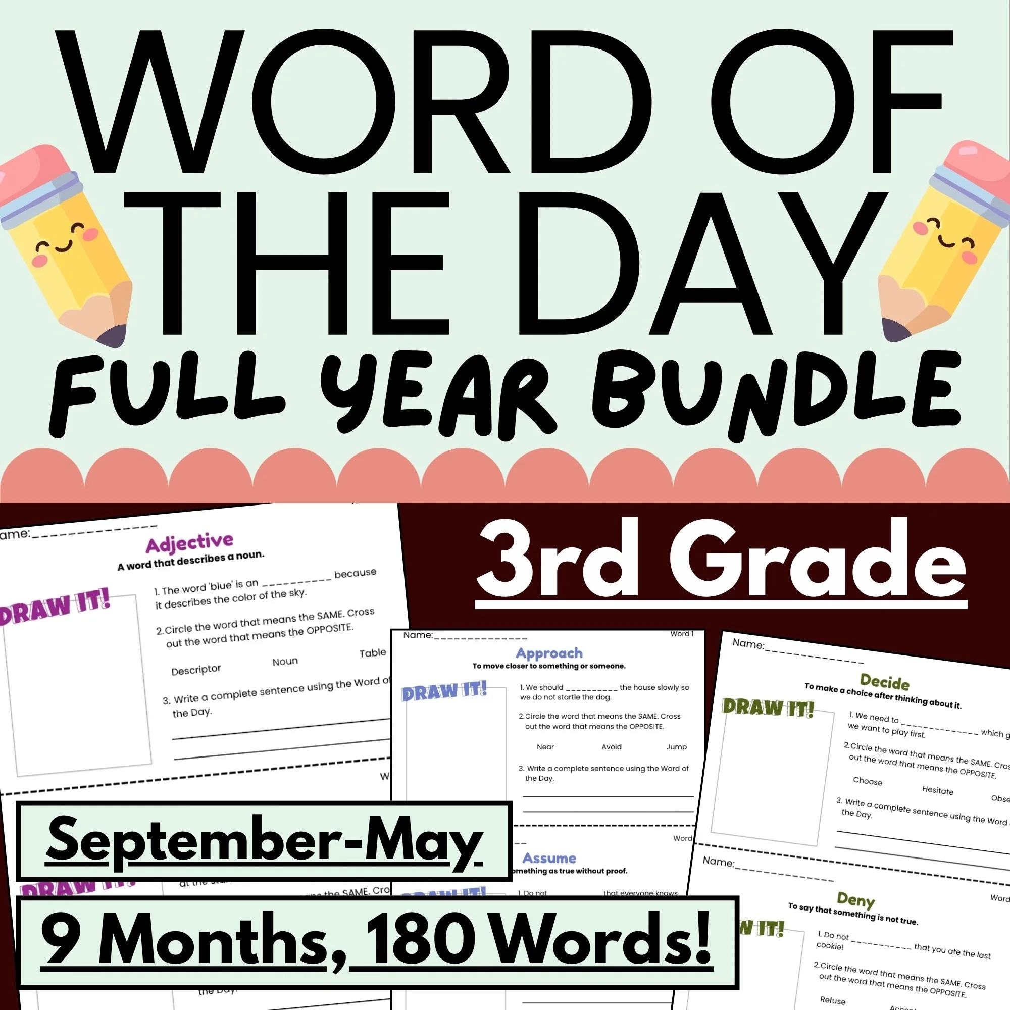 A colorful educational poster with the title 'Word of the Day' and illustrations of smiling pencils. The poster features activities and lessons for September-May, including a full year bundle, along with a snippet of a worksheet about adjectives and other words.