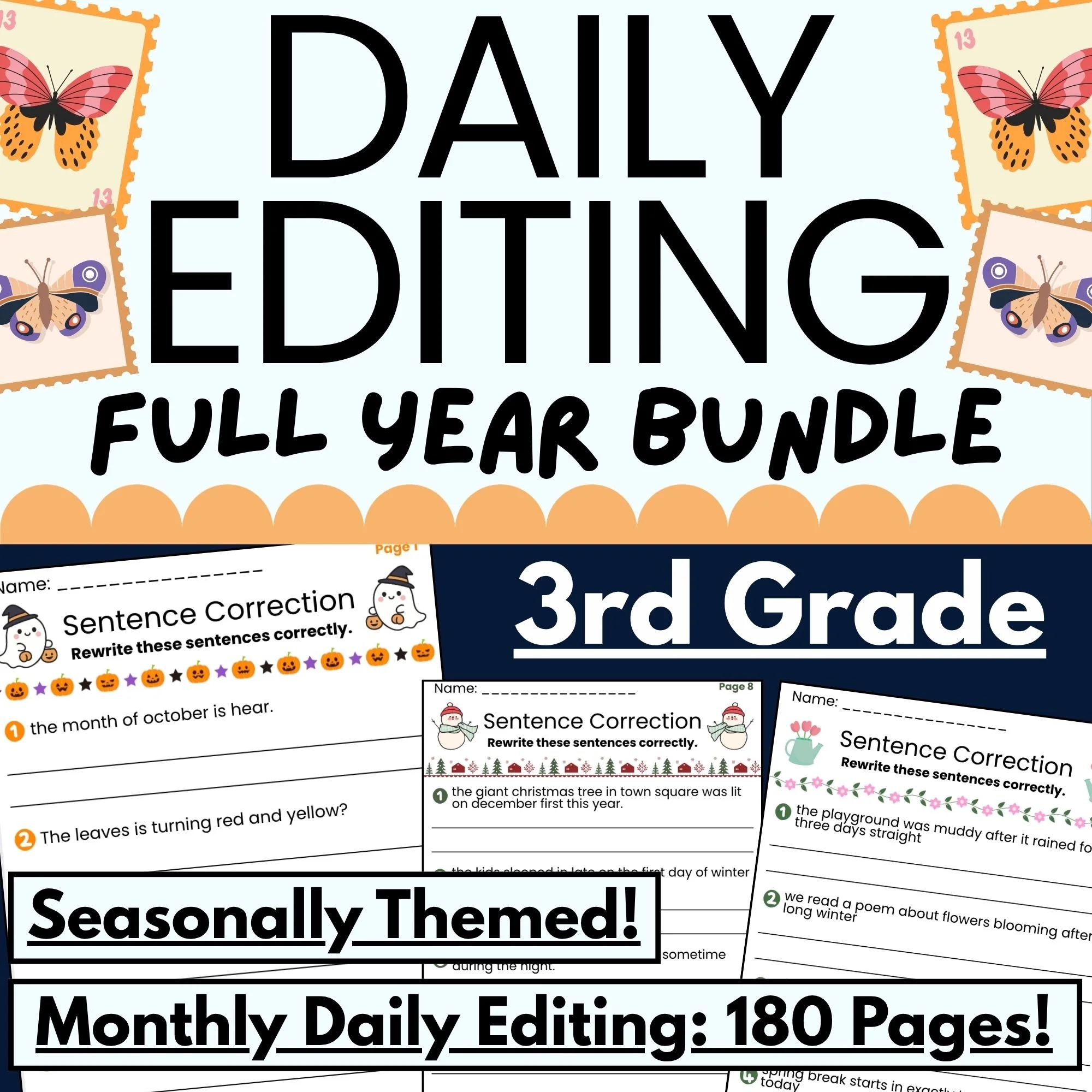 Cover page of the 'Daily Festive' educational booklet highlighting a full year bundle of themed content including worksheets and activities for third grade, with decorative butterflies and stamps.