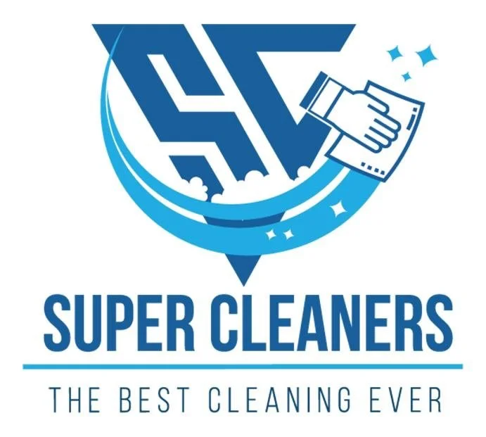 Logo for Super Cleaners featuring stylized initials 'SC' with a hand cleaning a surface, surrounded by bubbles and sparkles, with the text 'Super Cleaners' and tagline 'The Best Cleaning Ever'