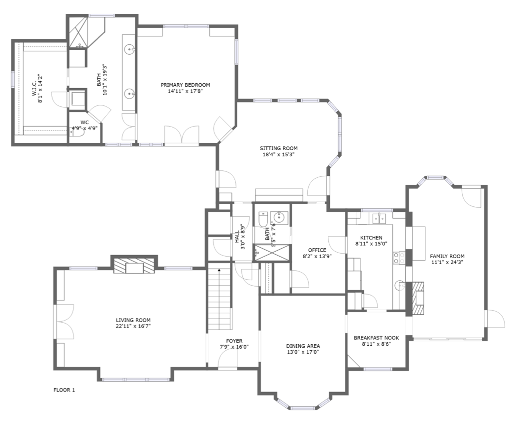 Floor plan of a house with labeled rooms including living room, dining area, kitchen, family room, office, sitting room, primary bedroom, bathroom, walk-in closet, and foyer.