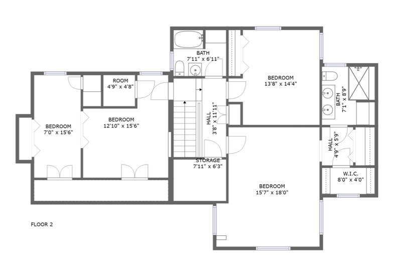 Floor plan of a second story with multiple bedrooms, bathrooms, hallways, a storage room, and a walk-in closet.