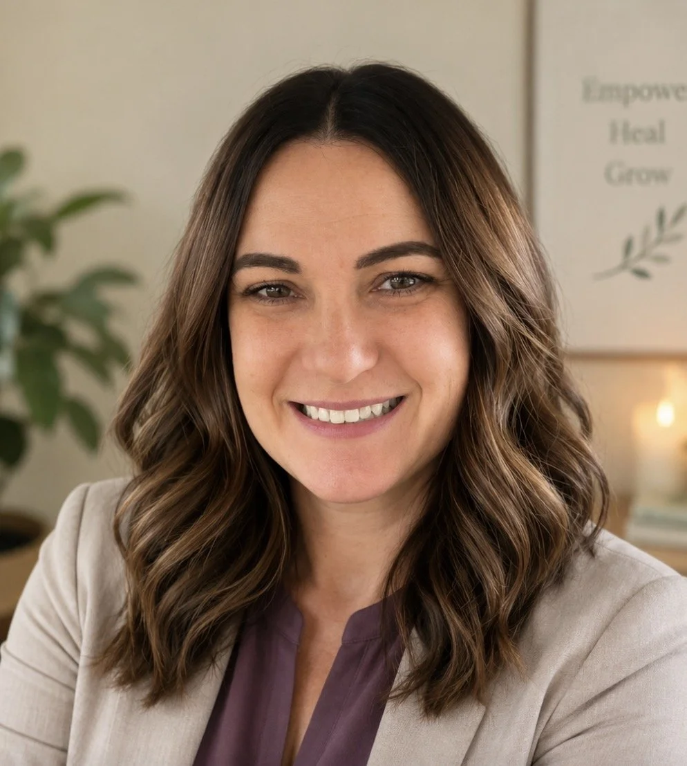 Portrait of a smiling woman with wavy brown hair, wearing a light beige blazer and purple blouse, indoors with a blurred background including a plant and a motivational poster.