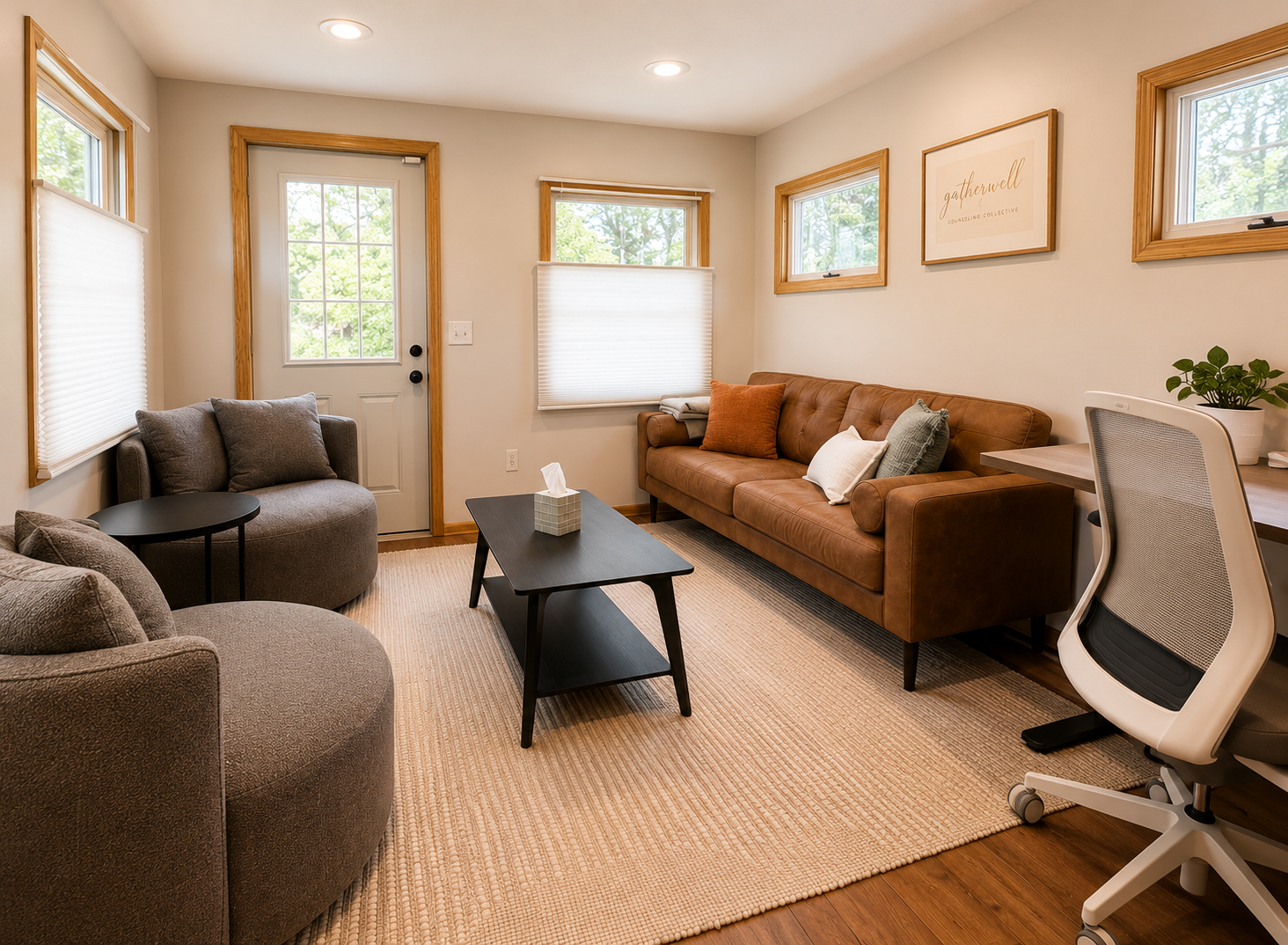 Living room with a brown leather couch with pillows, a gray armchair, a black coffee table with tissue box, a beige rug, a black side table, a white office chair, and a desk with a plant, wooden frames on the windows, a framed art print on the wall, and a door with a window leading outside.