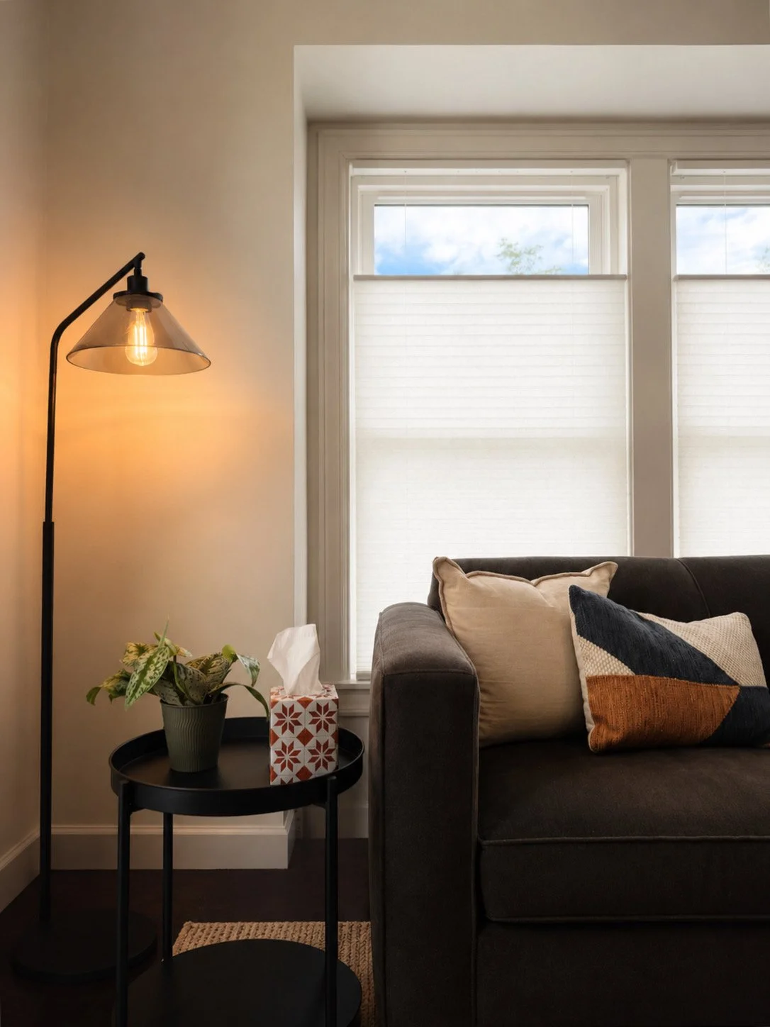 Living room with a black sofa, beige and decorative pillows, a black side table with a potted plant and tissue box, a floor lamp with an exposed bulb, and a large window with white blinds showing a partly cloudy sky.