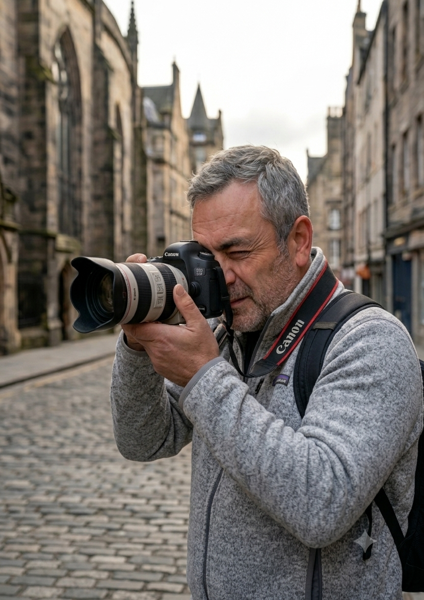 A man with gray hair and a beard is taking a photograph on a cobblestone street lined with old stone buildings, using a Canon camera with a large telephoto lens.