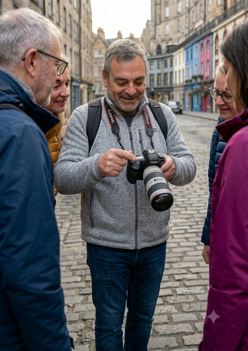 A group of five adults gathered outdoors on a cobblestone street, looking at a Canon camera with one man in the center showing them something on the camera.