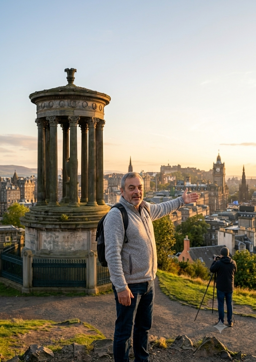 A man in a gray jacket and backpack standing on a hill, gesturing towards the Edinburgh skyline at sunset, with the Dugald Stewart Monument and Big Ben visible in the background.