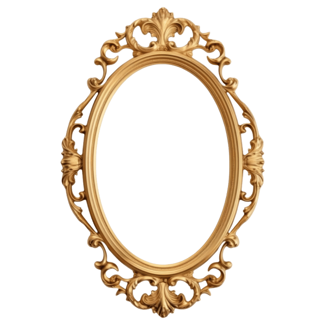 Ornate gold oval mirror with intricate decorative frame