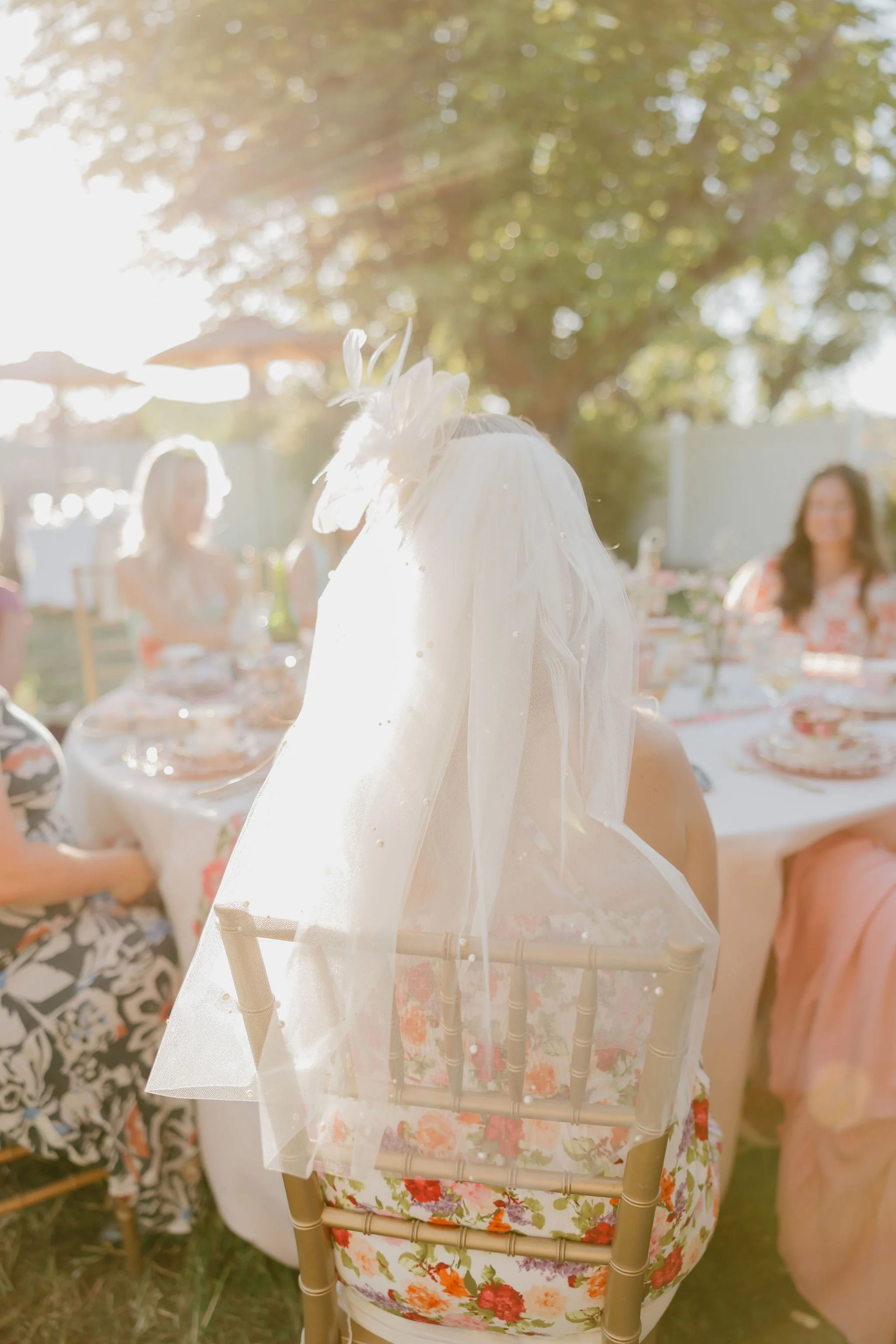Close-up of a clear acrylic chair with a floral cushion at an outdoor gathering with people, tables, and trees in warm sunlight.