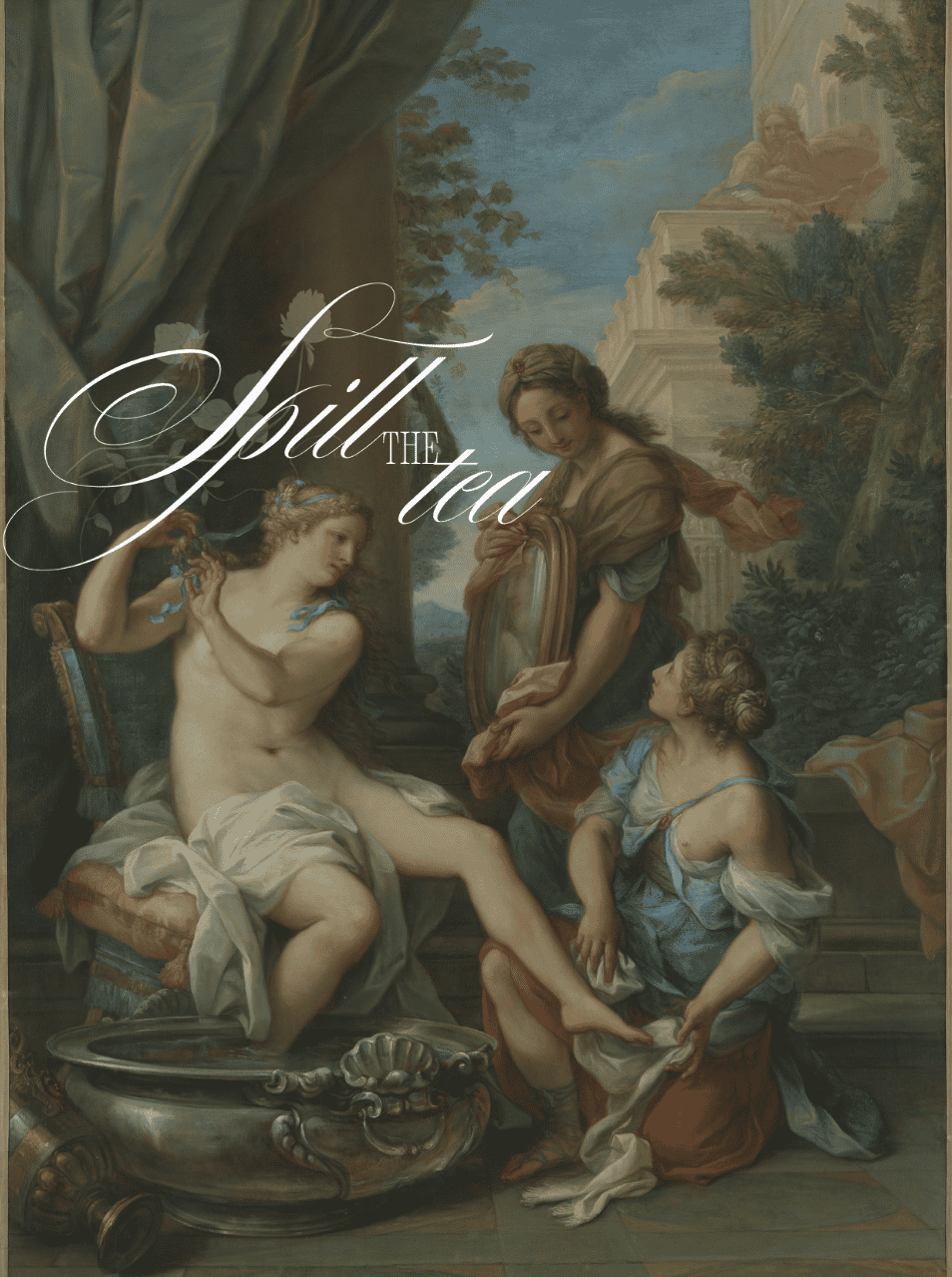 A classical painting of a woman pouring water into a basin while another woman and a girl watch, with lush trees and a building in the background.