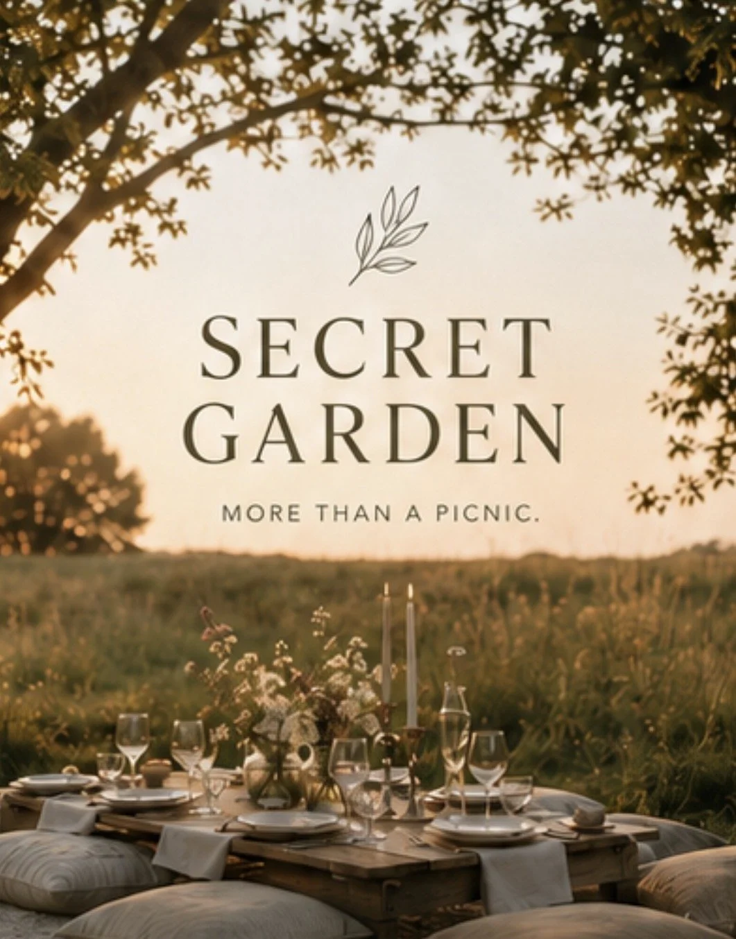Ein abgelegener Garten mit einem festlich gedeckten Picknickttisch im Freien bei Sonnenuntergang, umgeben von Bäumen und der Natur.