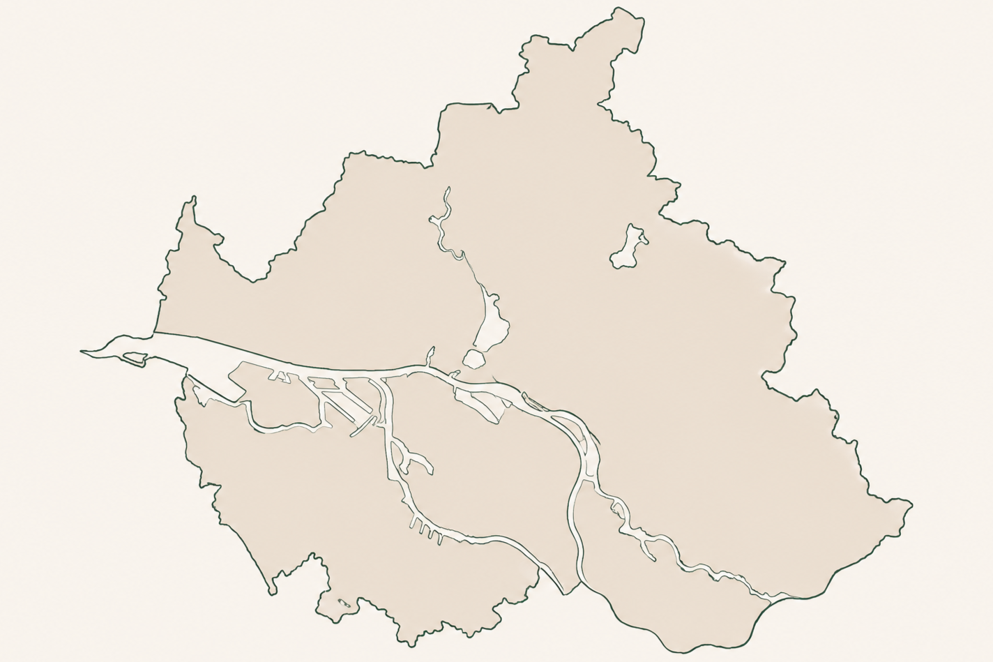 Skizze von Hamburg in dem man den Stadtumriss und die Wasserstraßen sieht.