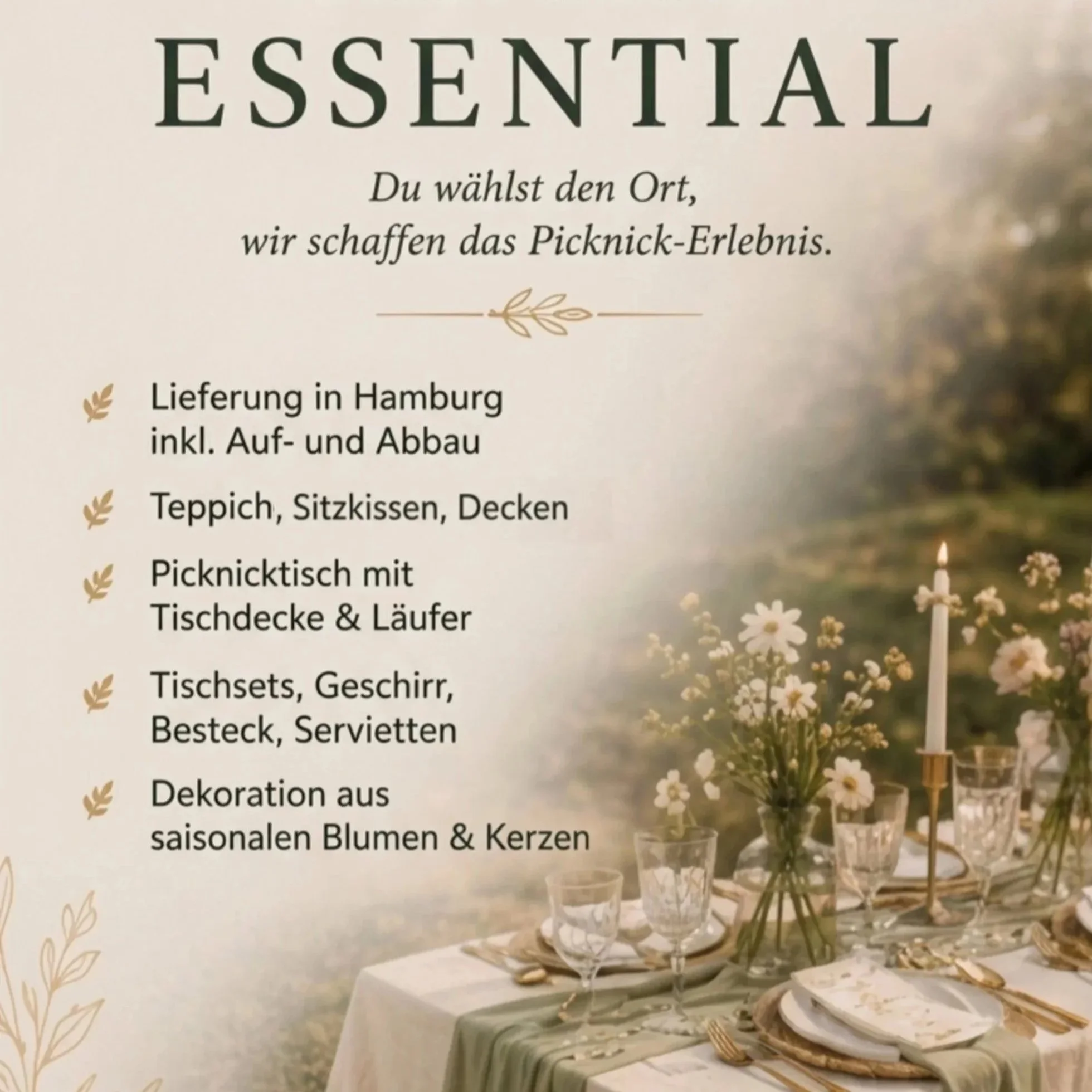 Ein dekorierter Picknicktisch mit weißen Blumen, Kerzen, Kristallgläsern, Porzellan und goldener Besteck umgeben von gemütlichen Sitzkissen. Im Hintergrund ist eine Wiese und Bäume.