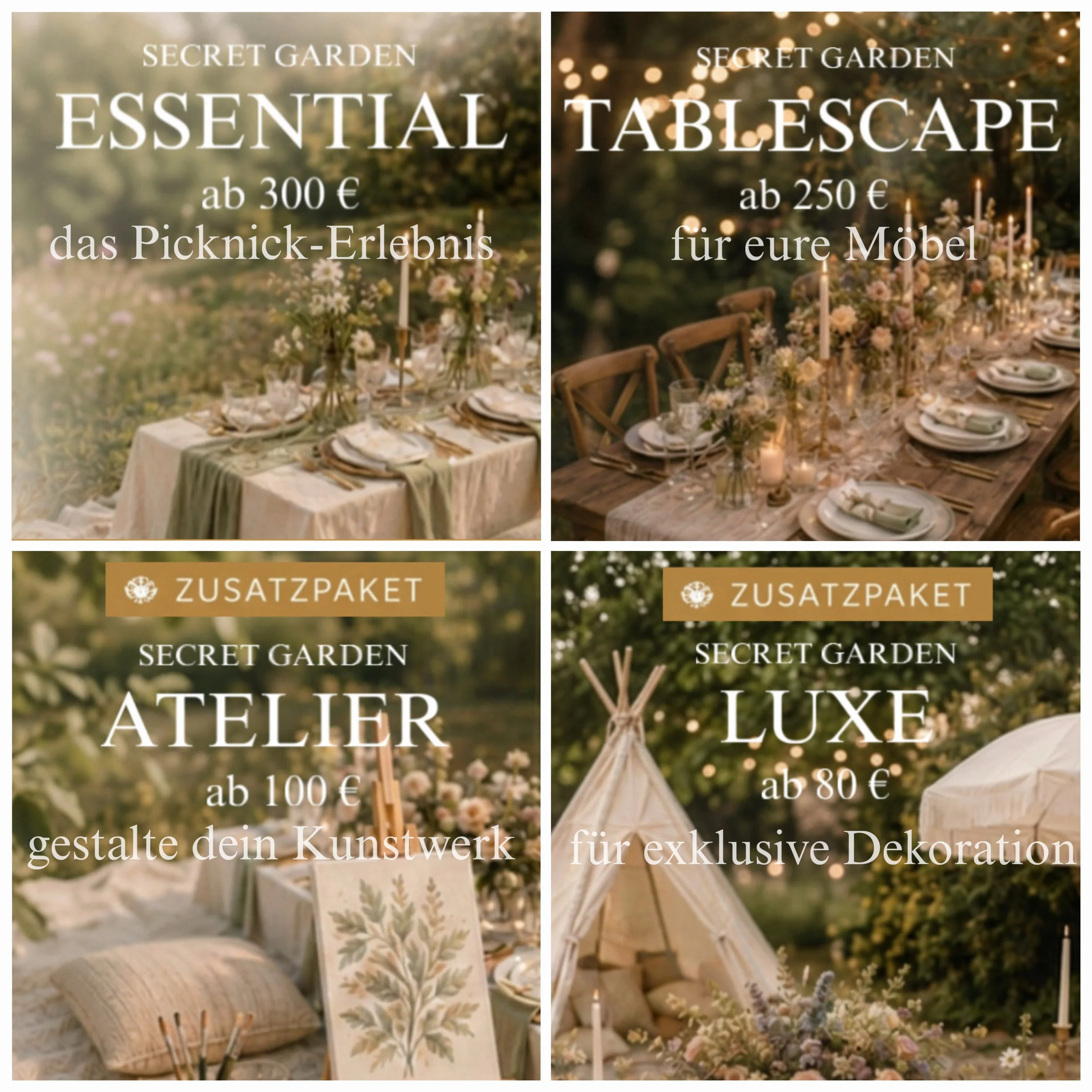 Werbetafeln mit Text für die Pakete eines Dekorationsverleihs für Picknicks und Events, luxuriös dekorierte Tische mit Blumen und Kerzen sowie Atelier- und Luxusdesign-Angebot  und blühenden Blumen im Hintergrund.