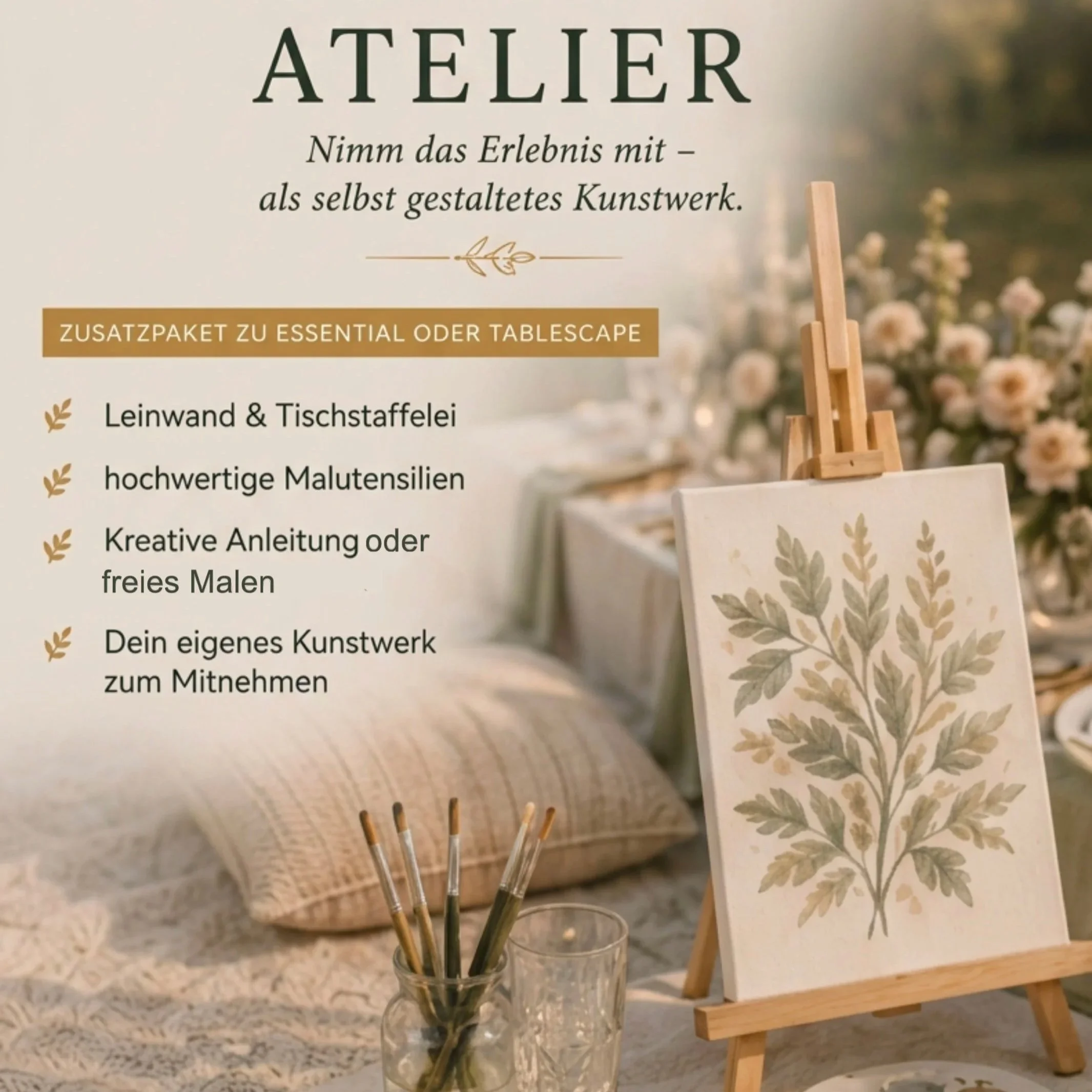 Auf dem Plakat steht 'Nimm das Erlebnis mit – als selbst gestaltetes Kunstwerk.'. Im Hintergrund ist ein dekorierter Picknicktisch mit blühenden Blumen umgeben von Sitzkissen. Neben dem Plakat steht ein Miniatur-Staffelei.
