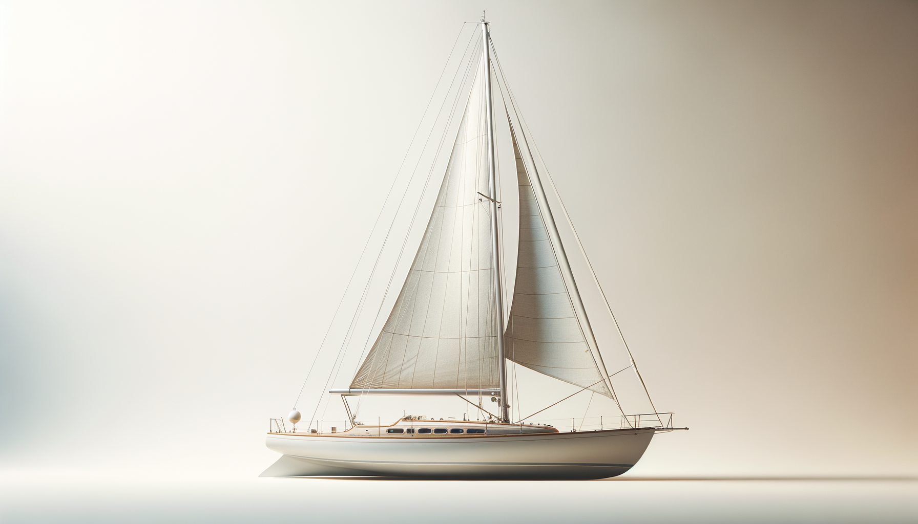 A sailing yacht with large white sails and a sleek white hull on calm water.