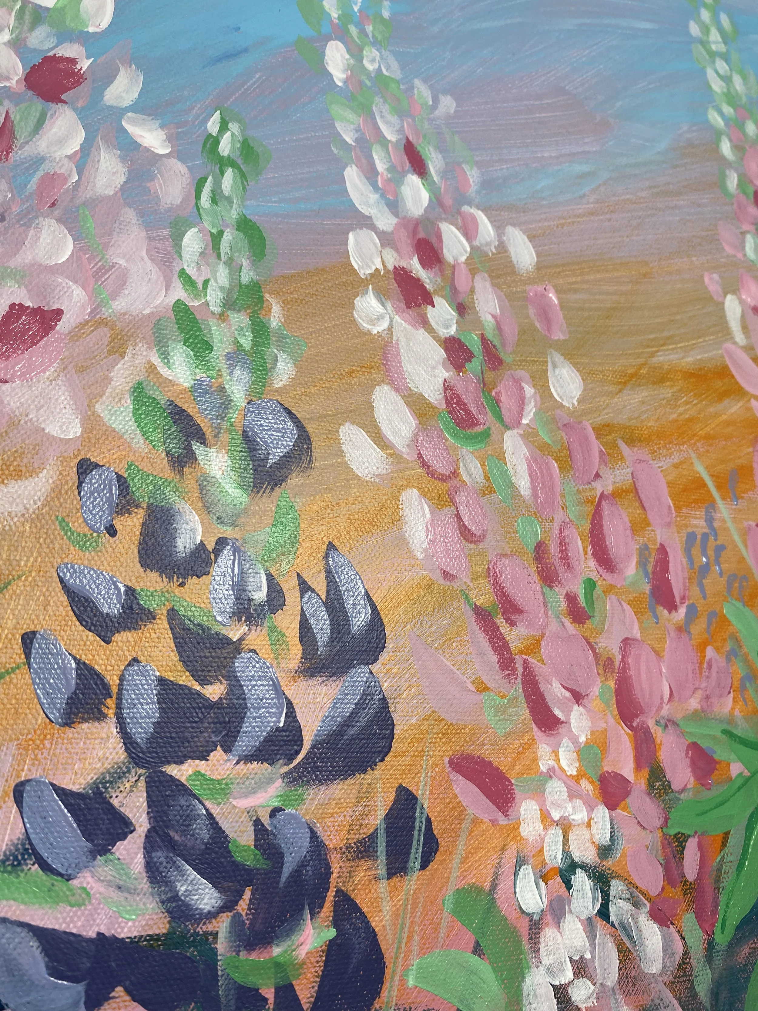 Close-up of an impressionist painting depicting a landscape with pink, white, and green flowers, a blue sky, and a sunset.