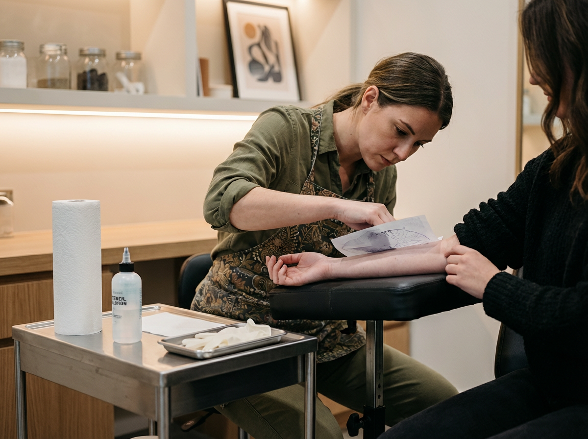A woman getting a tattoo on her forearm by a tattoo artist in a tattoo studio.