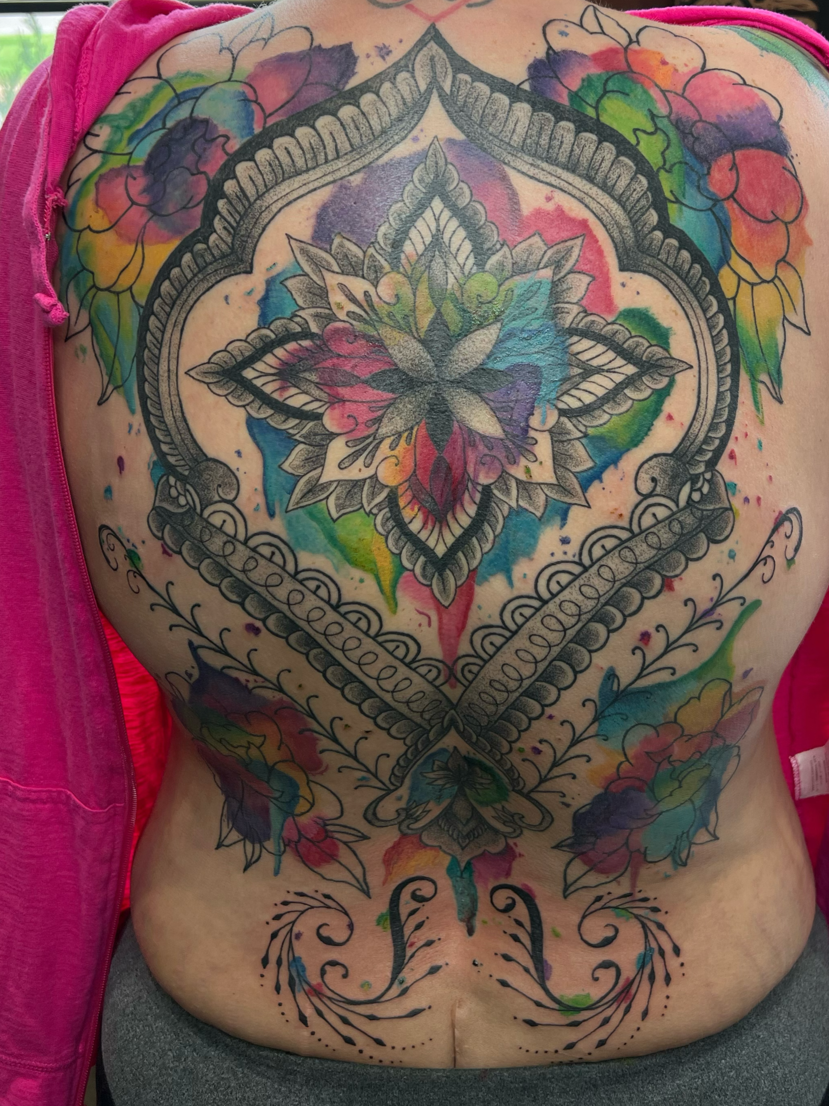 watercolor ornamental backpiece, with peonies and mandalas 