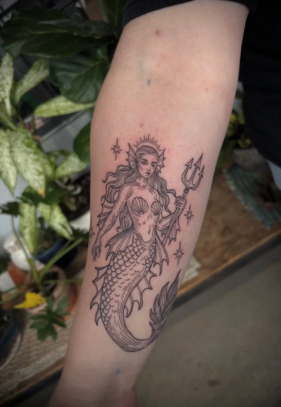 Line drawing tattoo of a mermaid with fish scales, holding a trident, surrounded by stars, on a person's forearm.