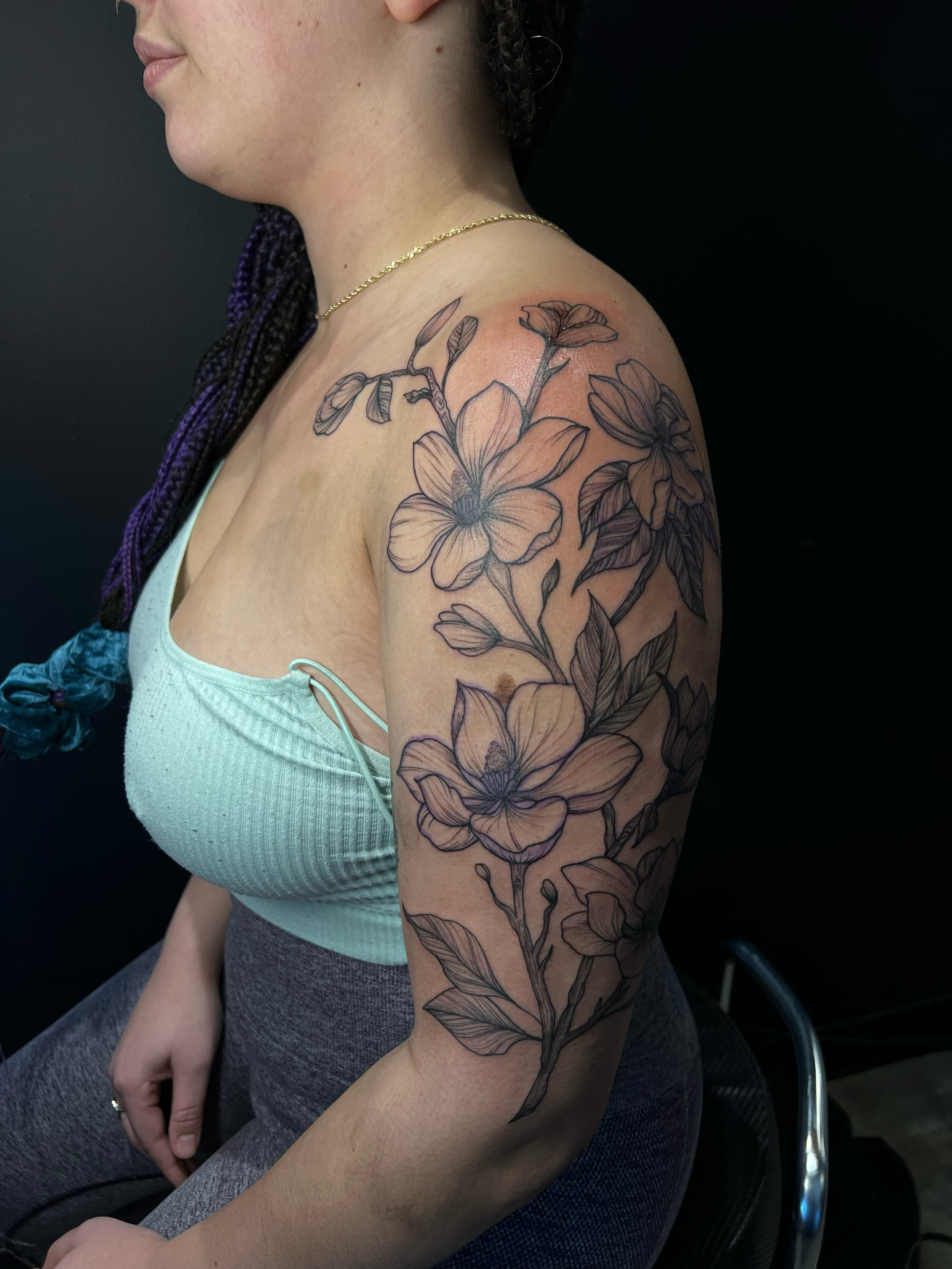 arm sleeve of magnolias, fineline illustrative design 