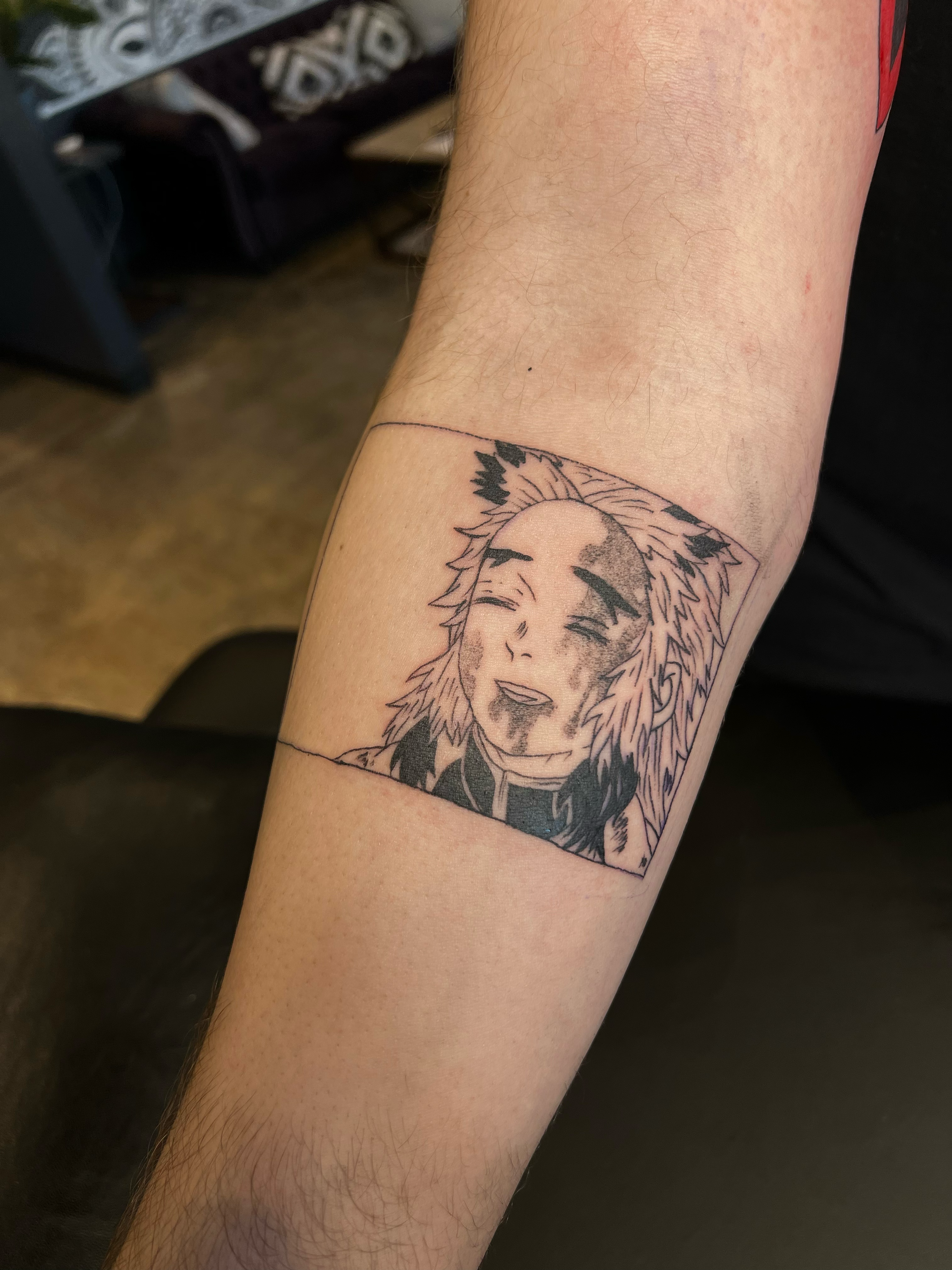 anime tattoo of Rengoku from Demon Slayer, fineline and dotwork detailing 