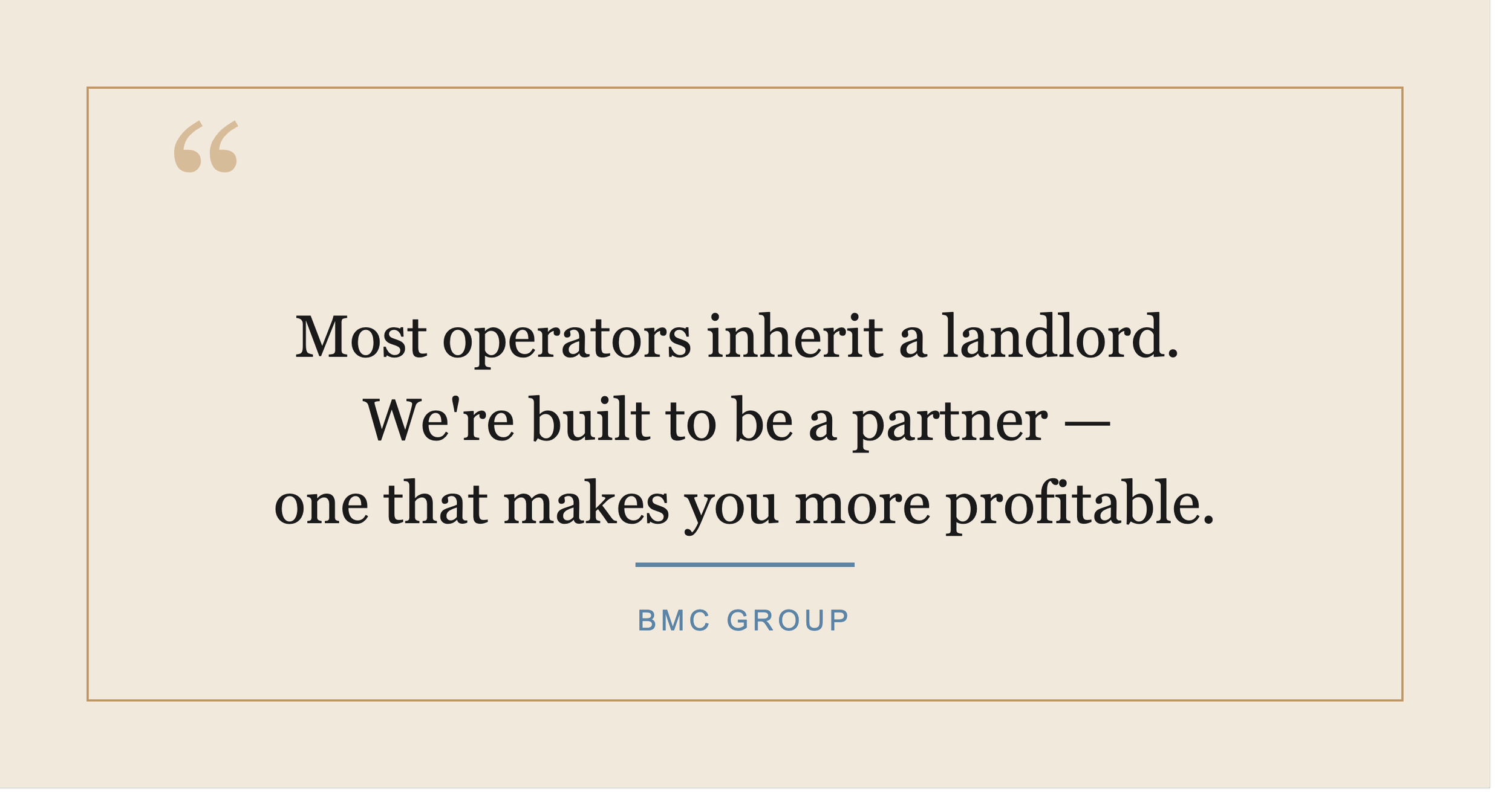A quote about landlords and operators, attributed to BMC Group, on a beige background with a thin border.