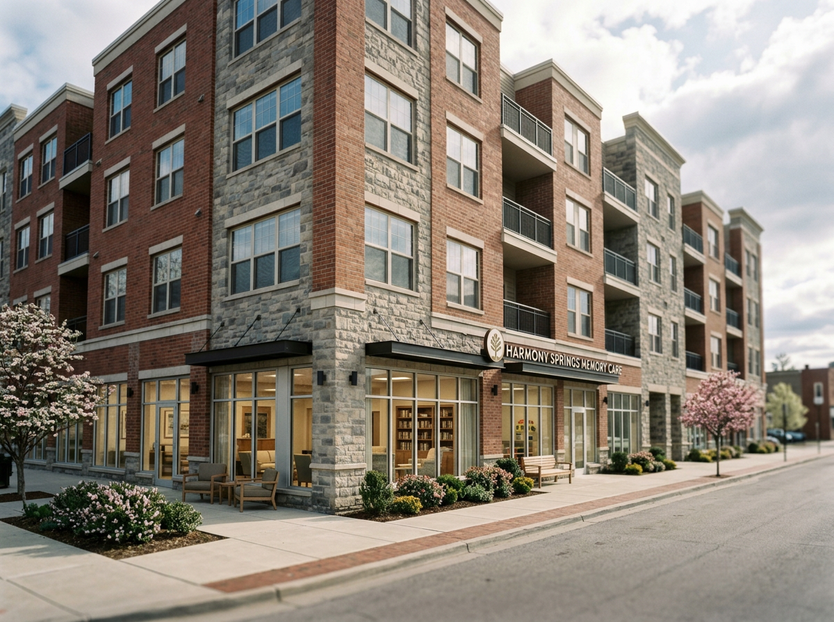 A multi-story brick and stone residential building with a senior care facility on the ground floor named 'Harmony Springs Memory Care' and pink flowering trees along the sidewalk.