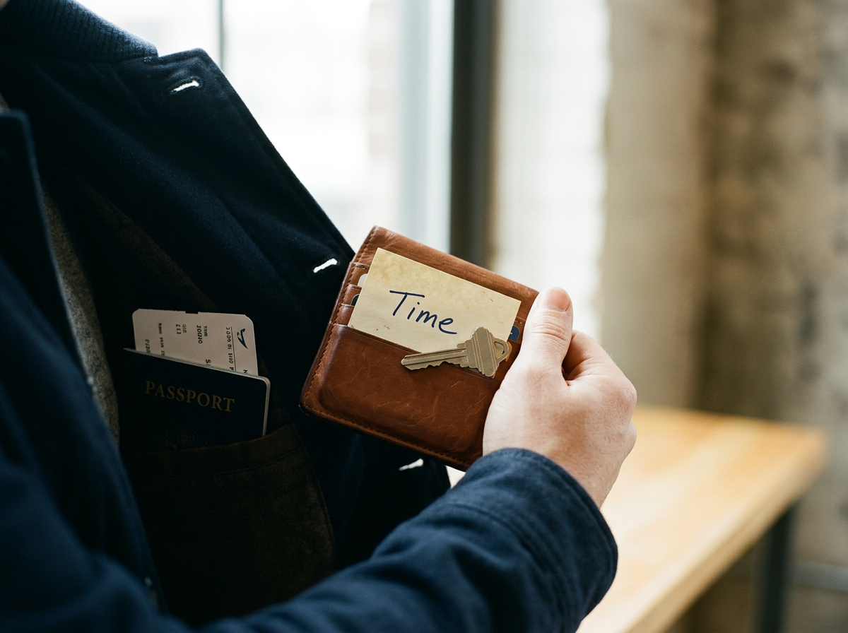 Person holding a brown wallet with a key and a note that says 'Time' inside, with a passport and boarding passes in the jacket pocket.