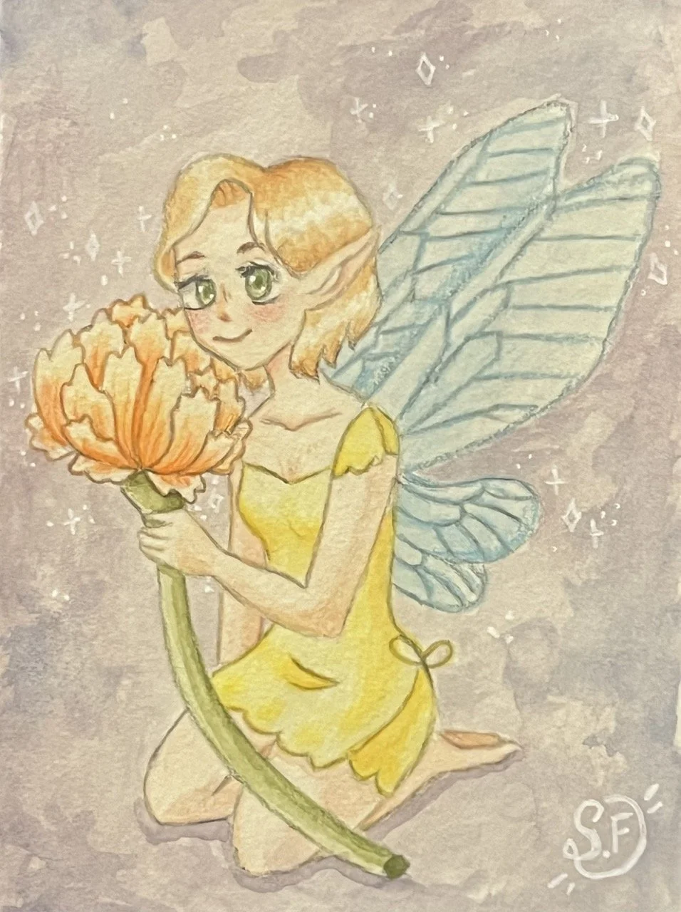 Colorful watercolor illustration of a beautiful and ethereal fairy with orange hair, green eyes, blue wings, a gentle warm smile and a yellow dress, holding a large orange flower, sitting on her knees on a sparkly purple background.