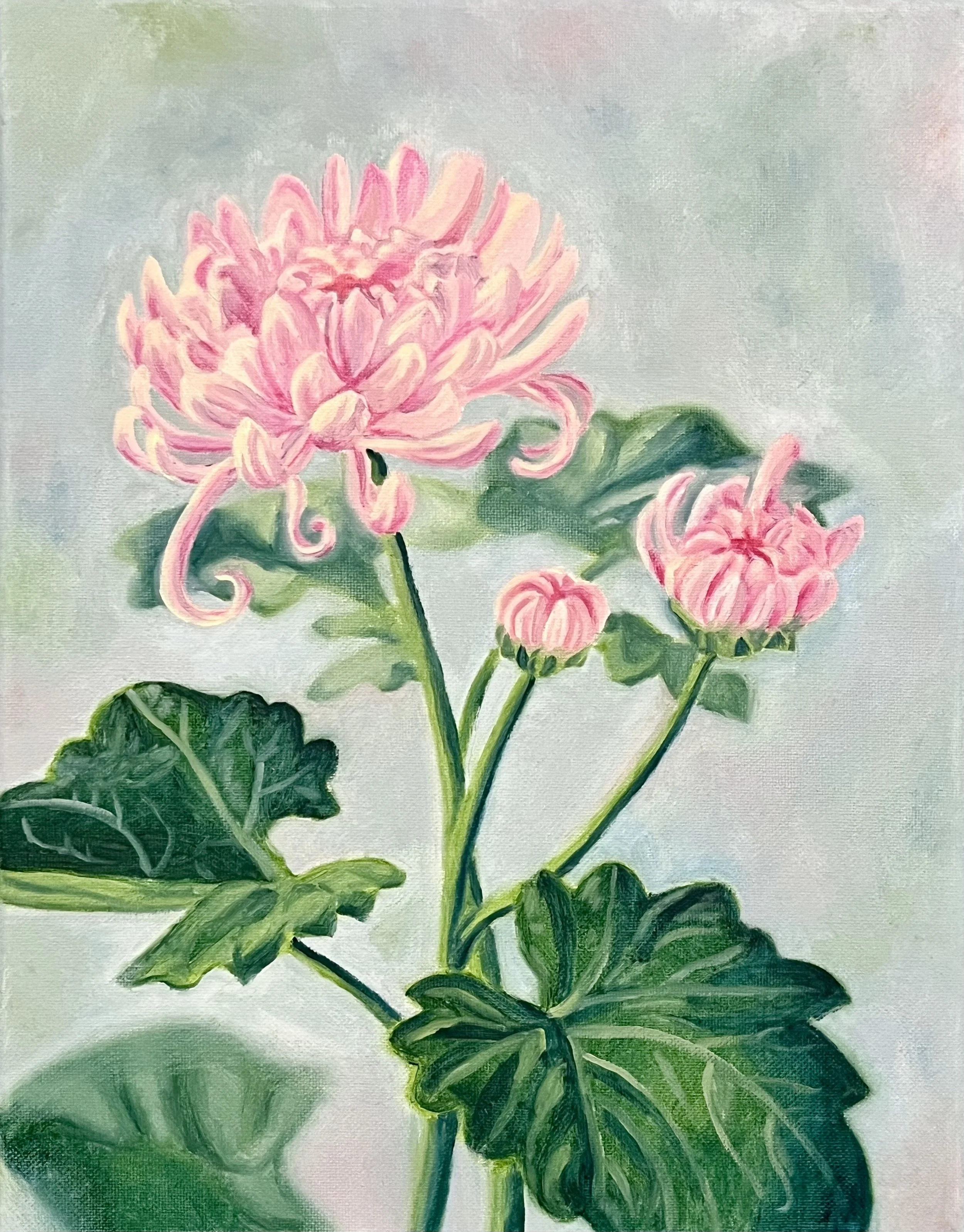 An original fine art oil painting that feels soft, whimsical and calm that shows a close-up of beautiful pink chrysanthemum flowers with green leaves and stems.