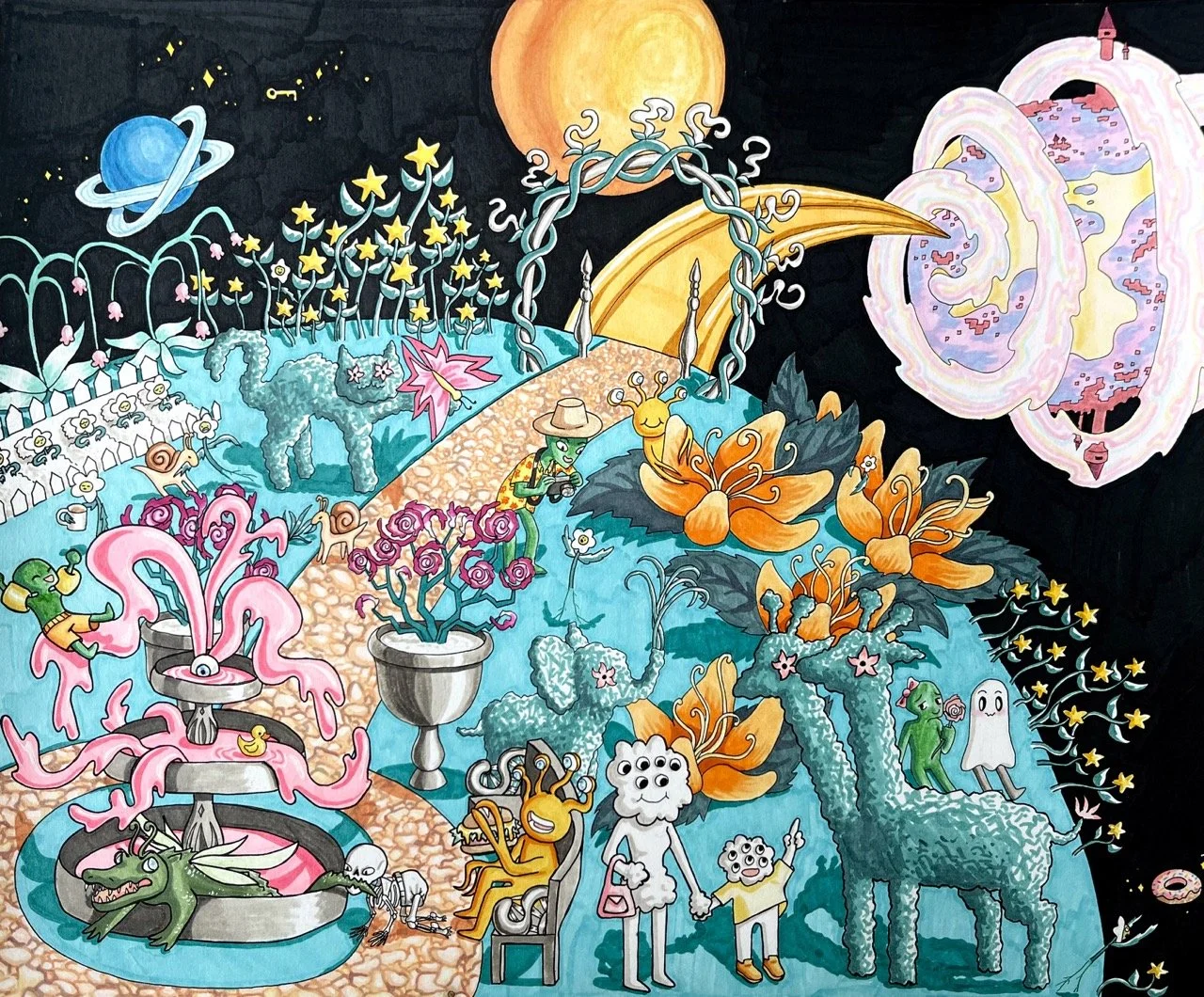 Colorful and bright fantasy scene of a space garden with whimsical animals, plants, and cosmic elements, including planets, stars, a bridge to another planet, and fun and silly stylized characters interacting with each other.