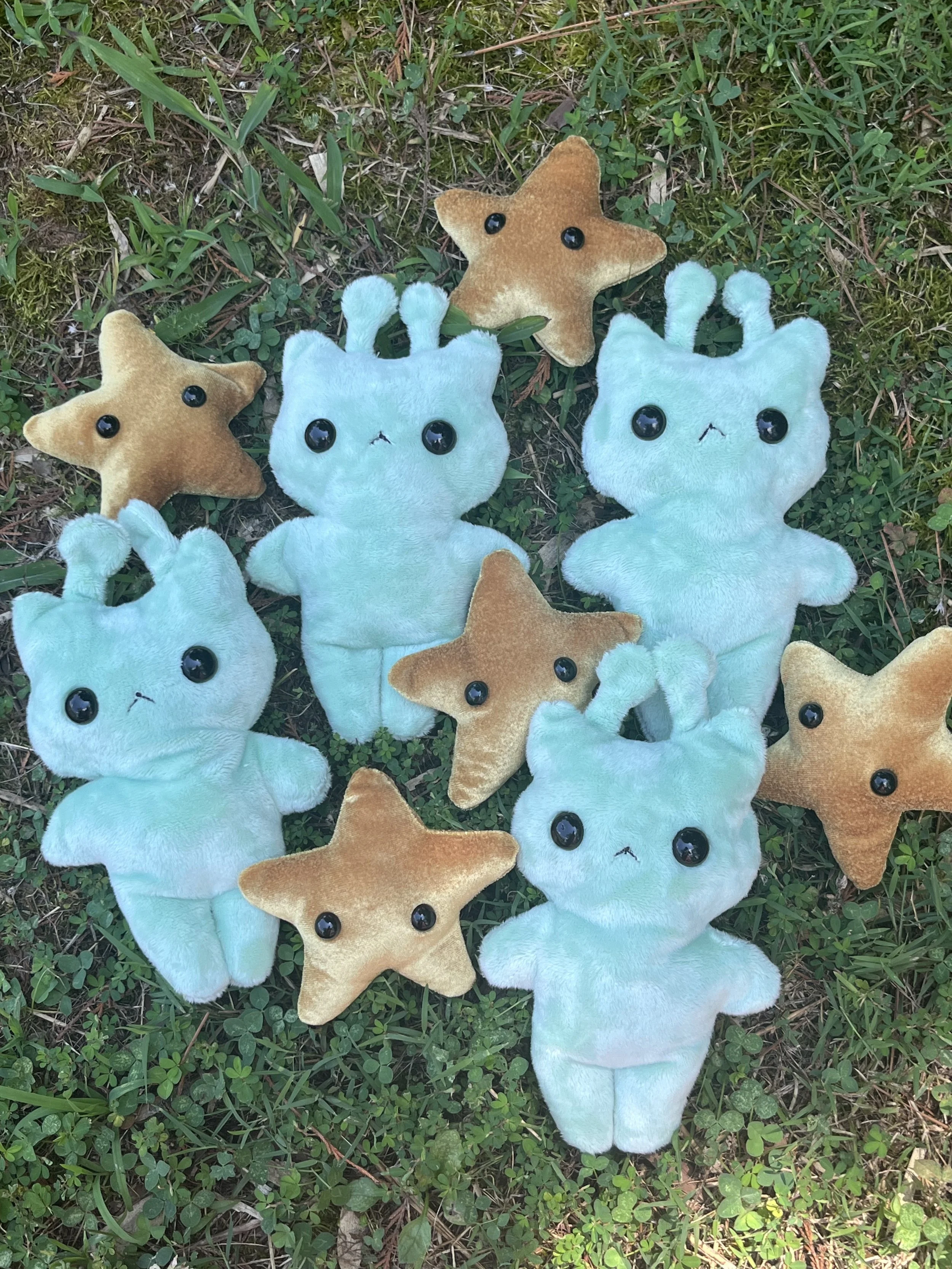 Several mint greenish blue alien cat plush toys with antennas and cute gold colored star-shaped plushies with black eyes, lying on grass with small green plants.